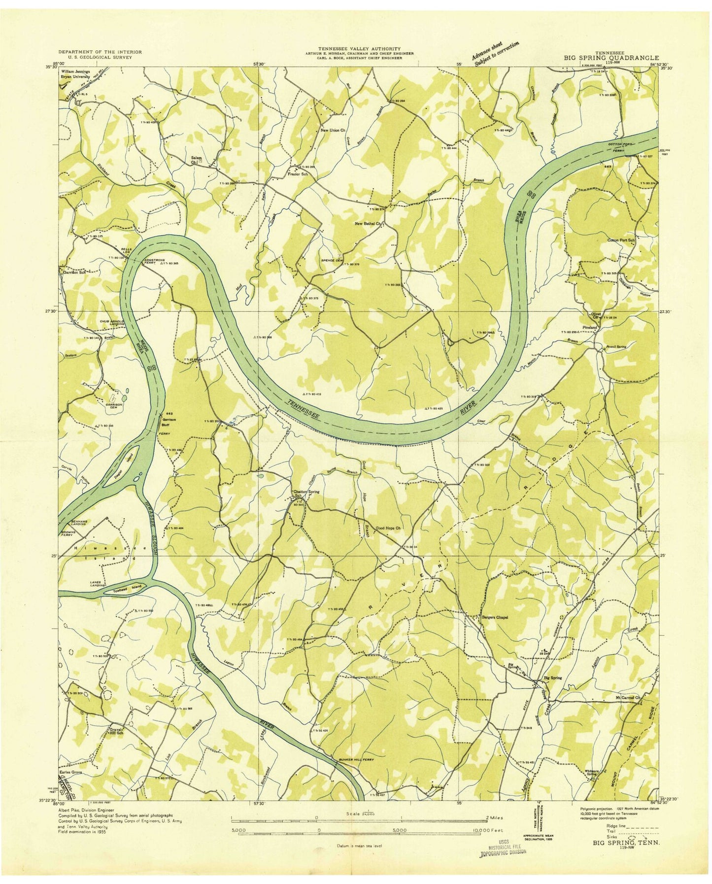 Classic USGS Big Spring Tennessee 7.5'x7.5' Topo Map Image