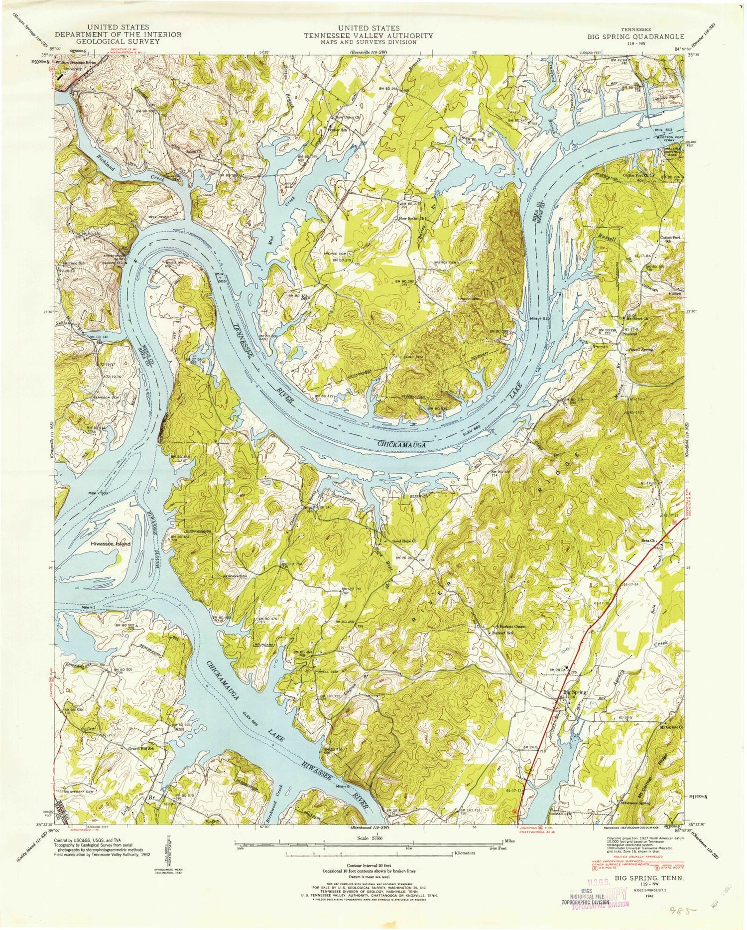 Classic USGS Big Spring Tennessee 7.5'x7.5' Topo Map Image