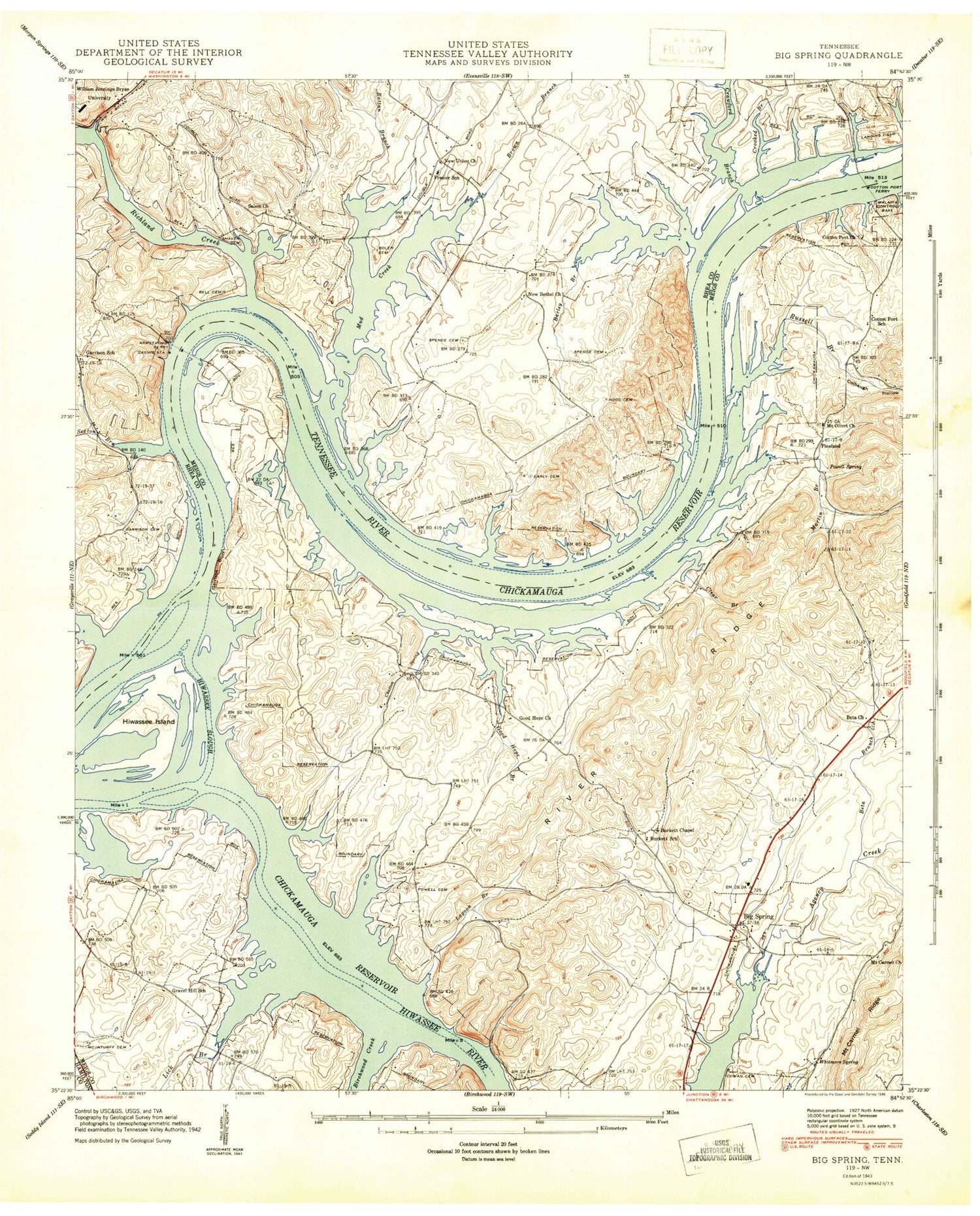 Classic USGS Big Spring Tennessee 7.5'x7.5' Topo Map Image