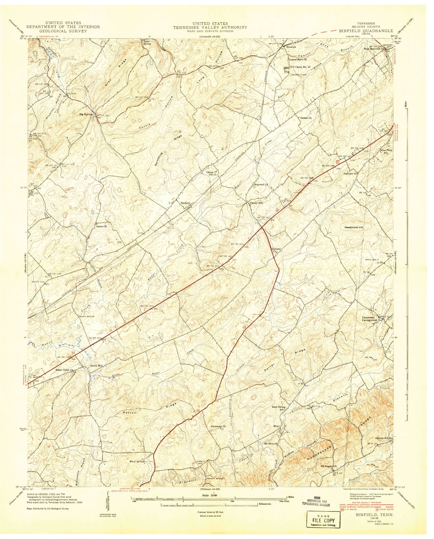 Classic USGS Binfield Tennessee 7.5'x7.5' Topo Map Image