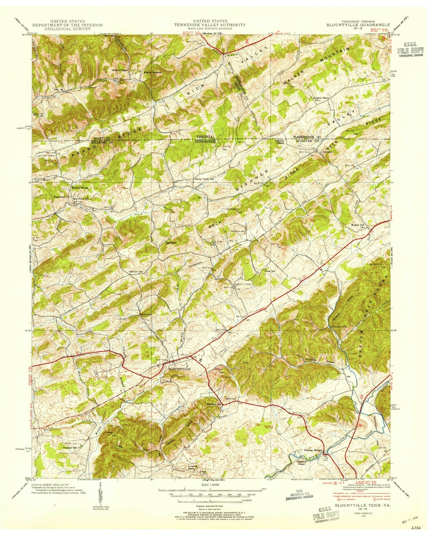 Classic USGS Blountville Tennessee 7.5'x7.5' Topo Map Image