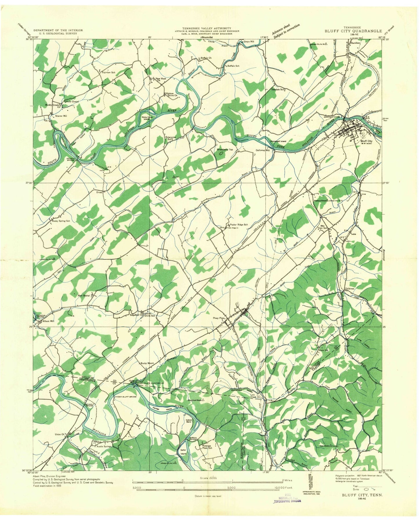 Classic USGS Bluff City Tennessee 7.5'x7.5' Topo Map Image