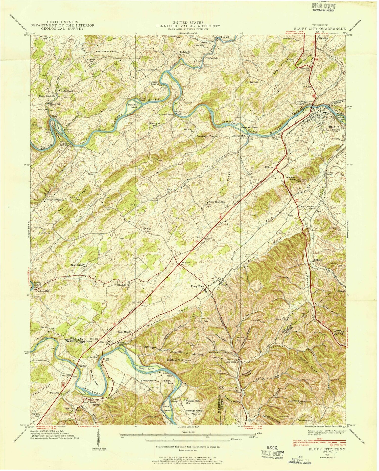 Classic USGS Bluff City Tennessee 7.5'x7.5' Topo Map Image