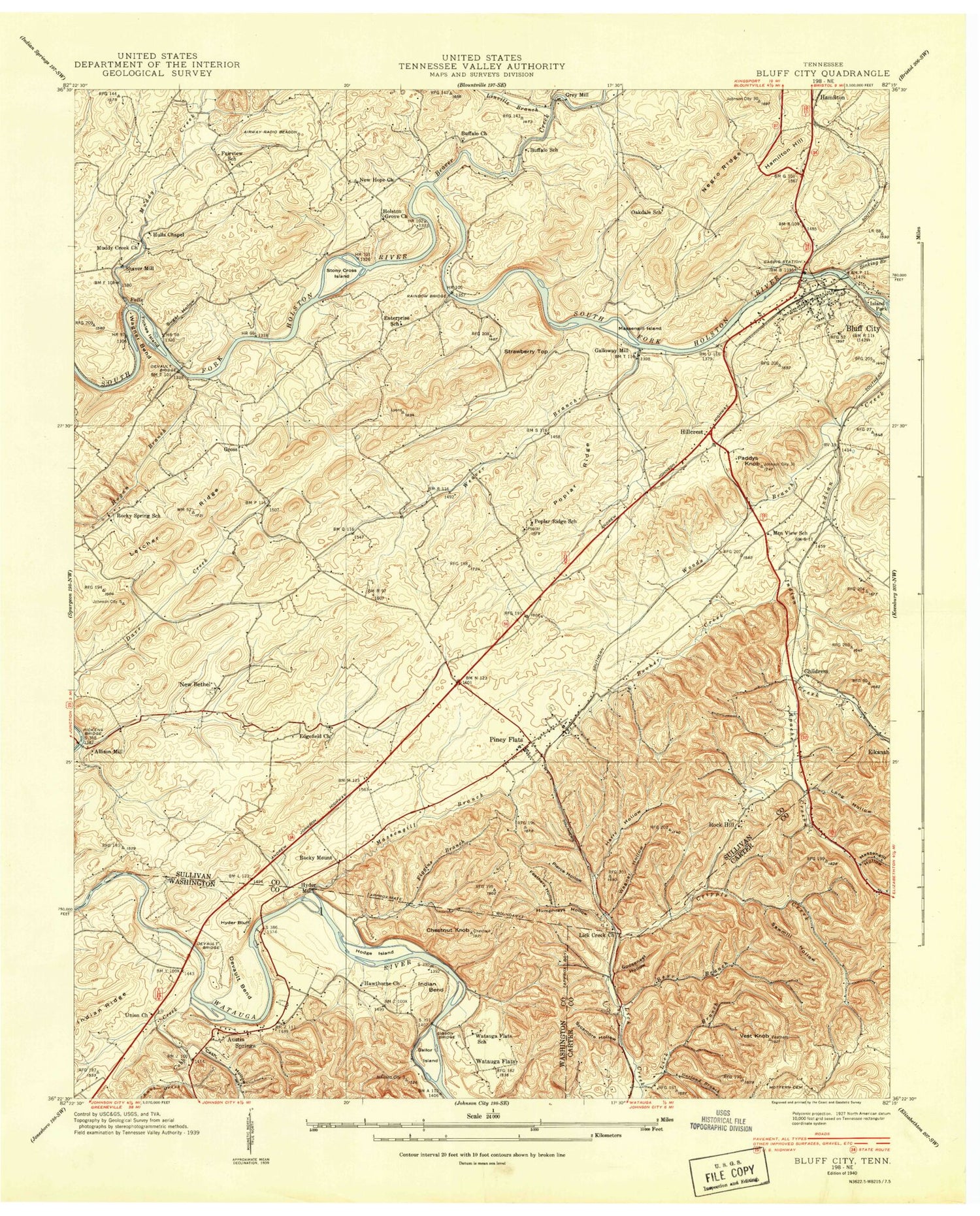 Classic USGS Bluff City Tennessee 7.5'x7.5' Topo Map Image