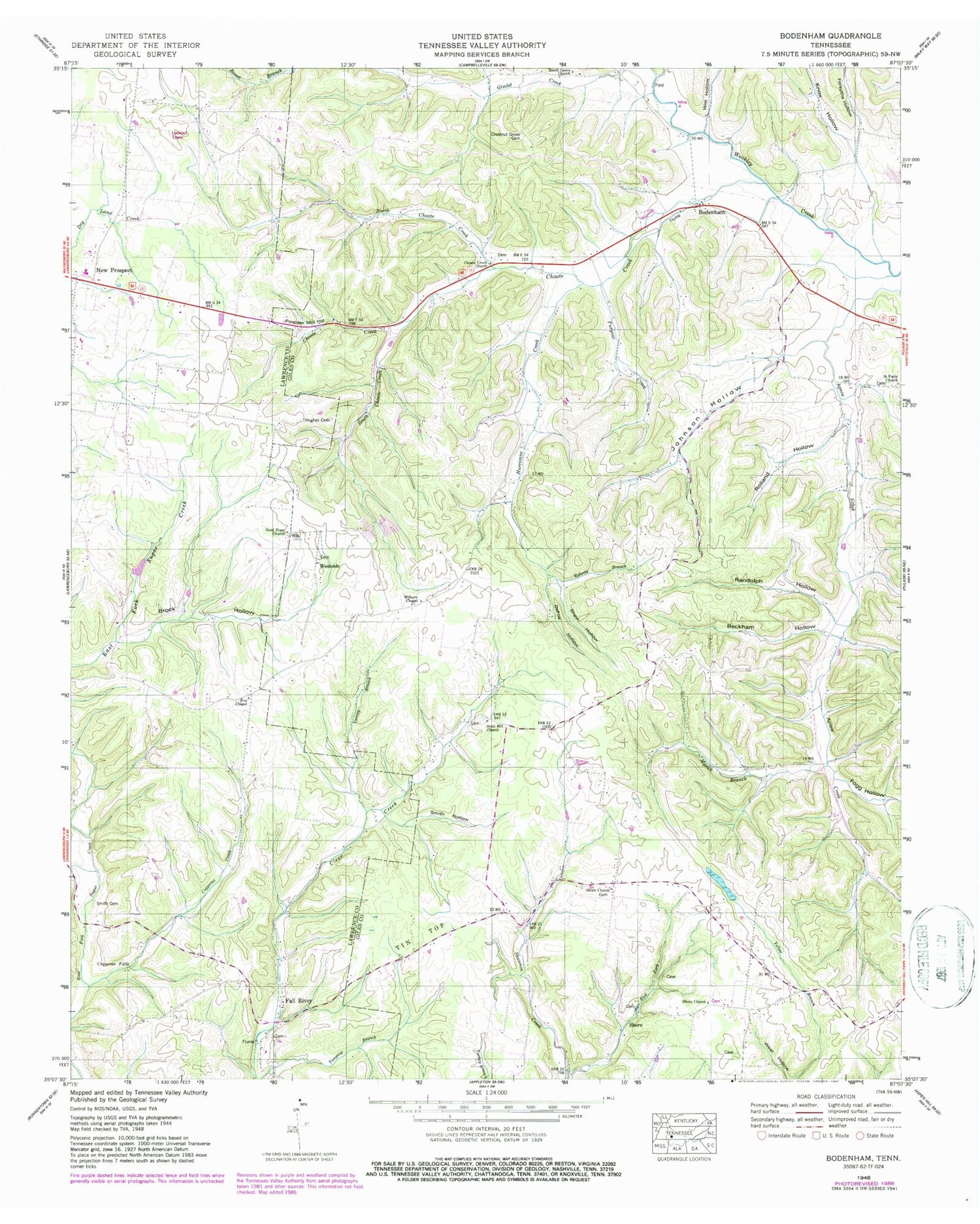 Classic USGS Bodenham Tennessee 7.5'x7.5' Topo Map Image