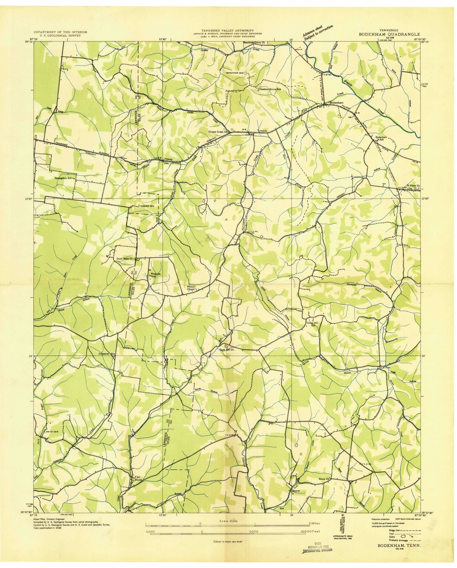 Classic USGS Bodenham Tennessee 7.5'x7.5' Topo Map Image