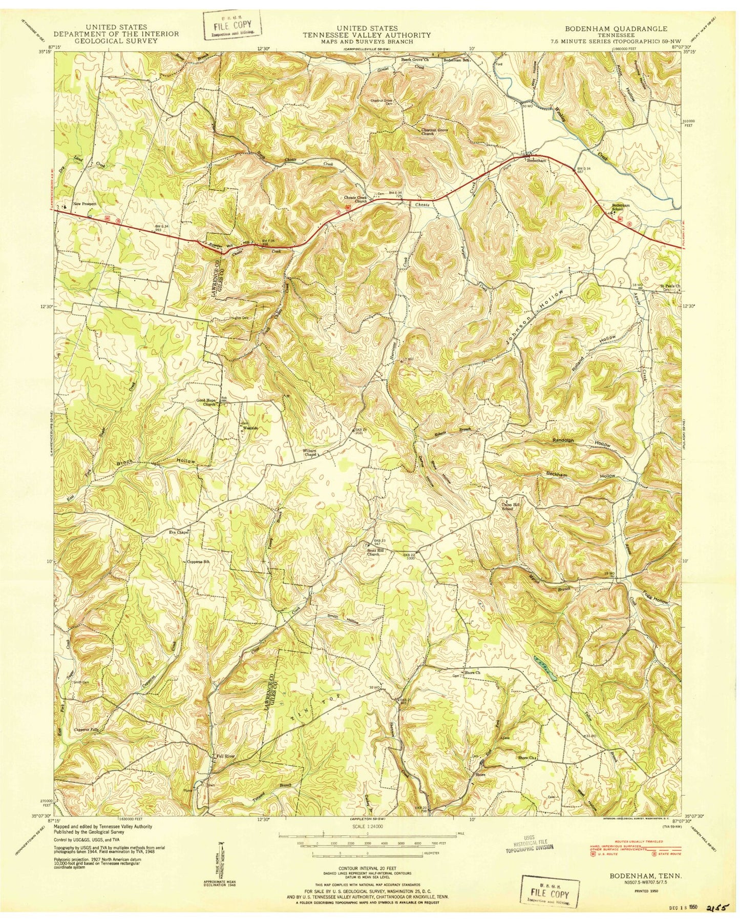 Classic USGS Bodenham Tennessee 7.5'x7.5' Topo Map Image