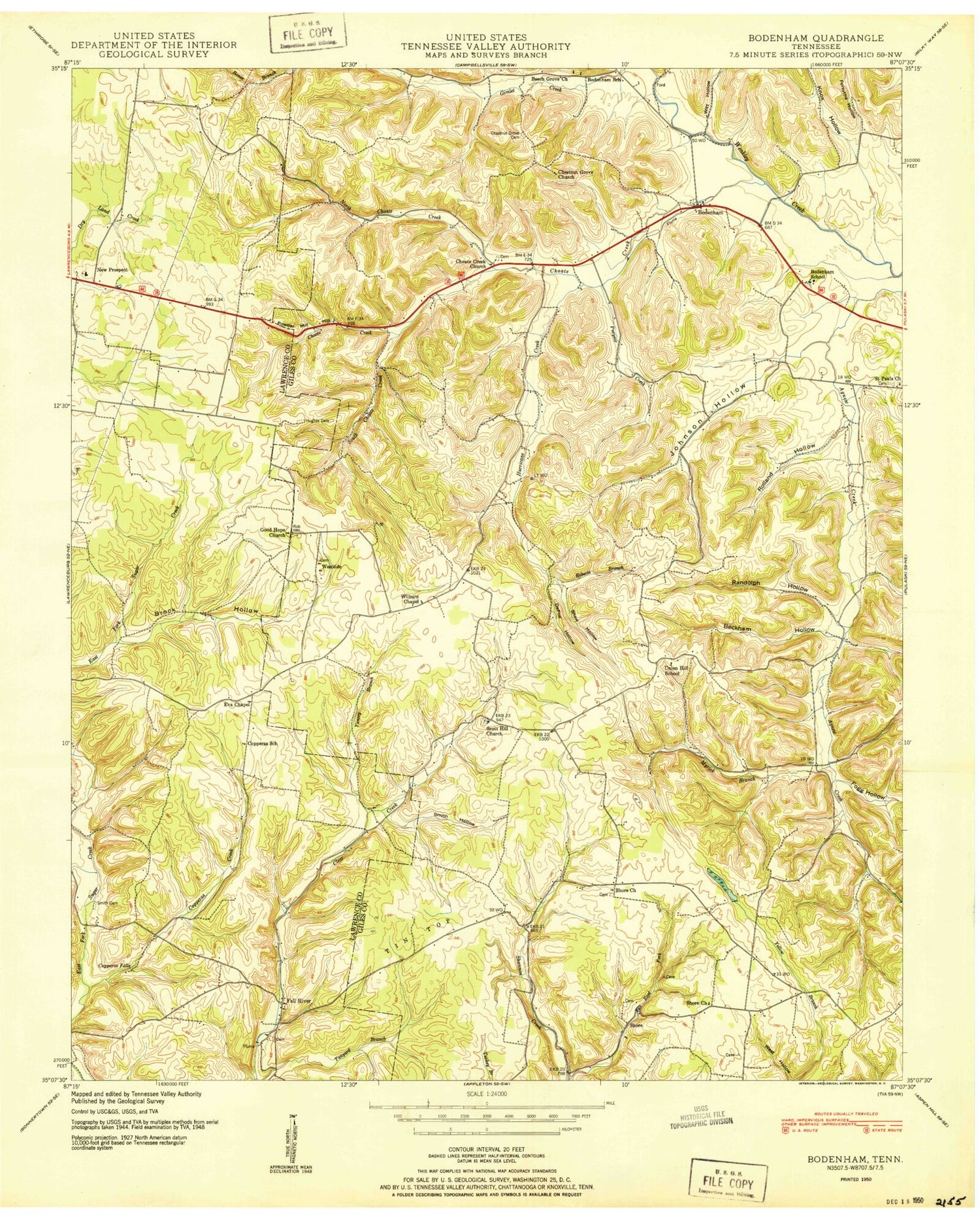 Classic USGS Bodenham Tennessee 7.5'x7.5' Topo Map Image