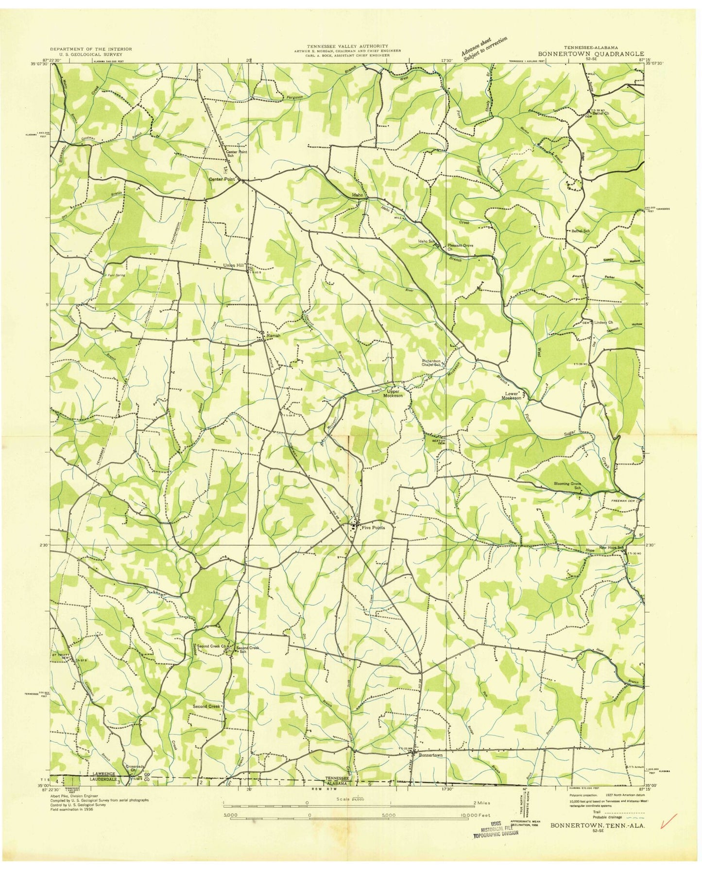 Classic USGS Bonnertown Tennessee 7.5'x7.5' Topo Map Image