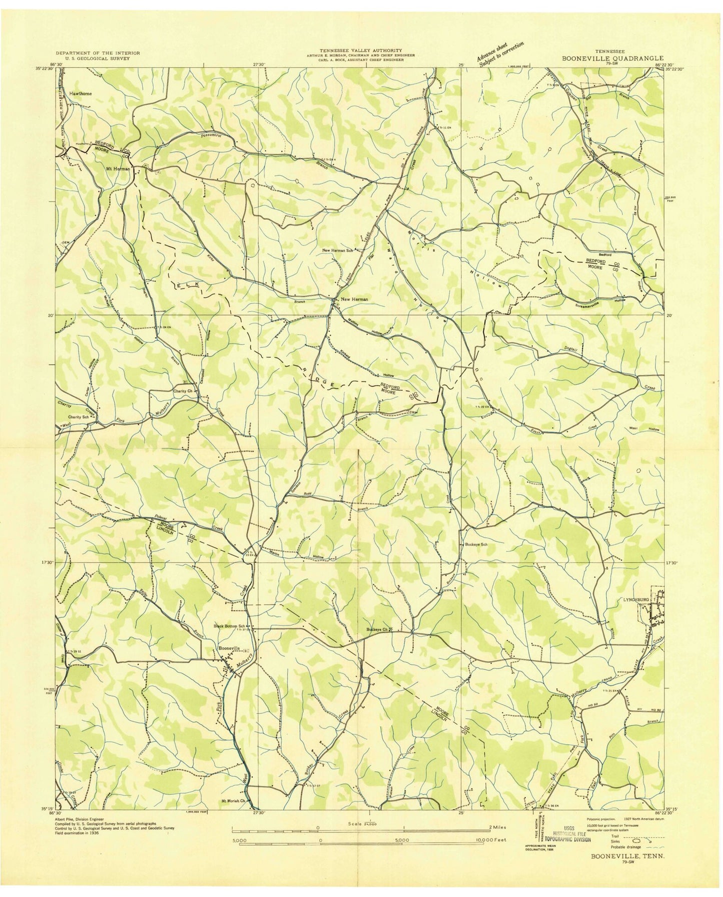 Classic USGS Lynchburg West Tennessee 7.5'x7.5' Topo Map Image