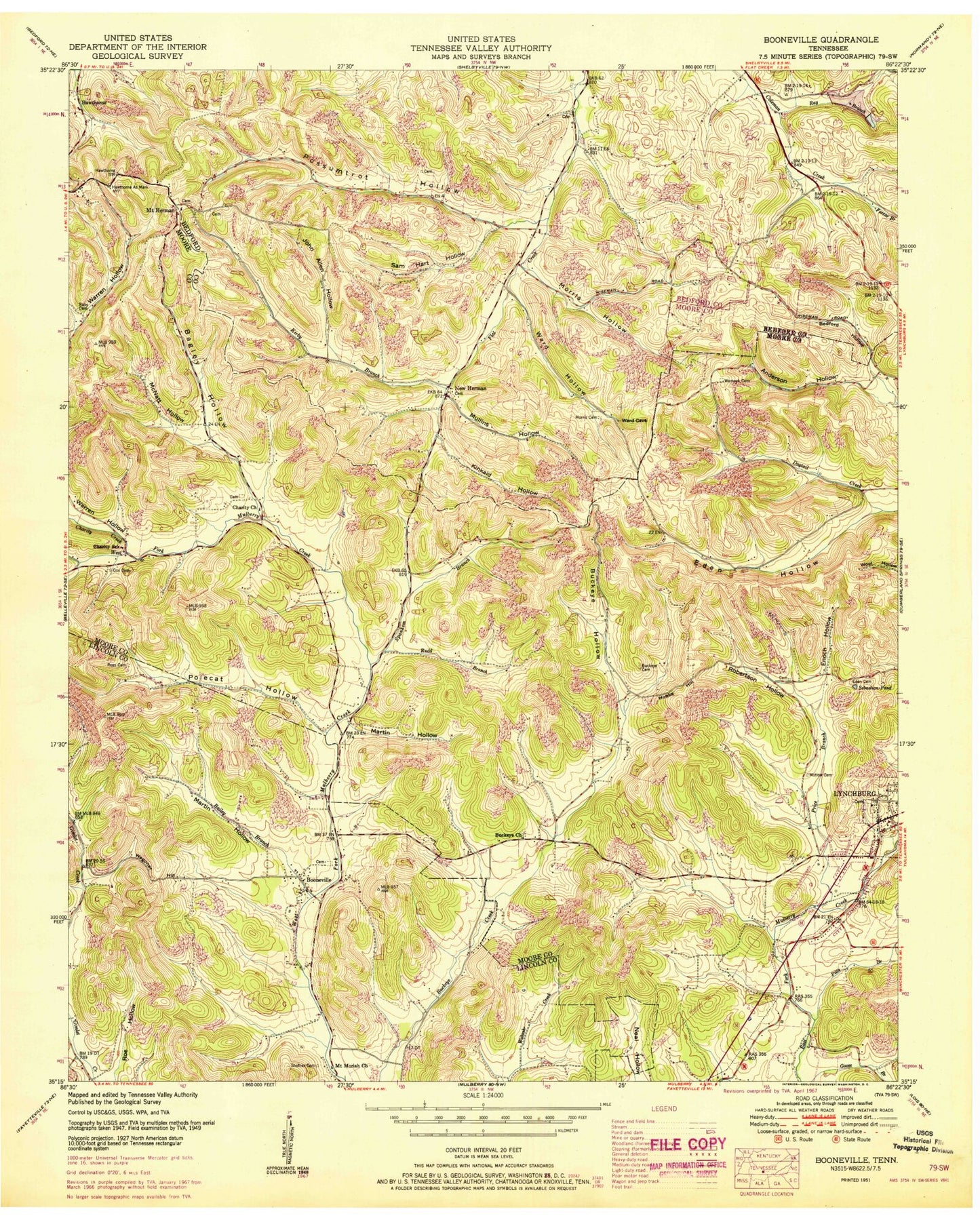 Classic USGS Lynchburg West Tennessee 7.5'x7.5' Topo Map Image