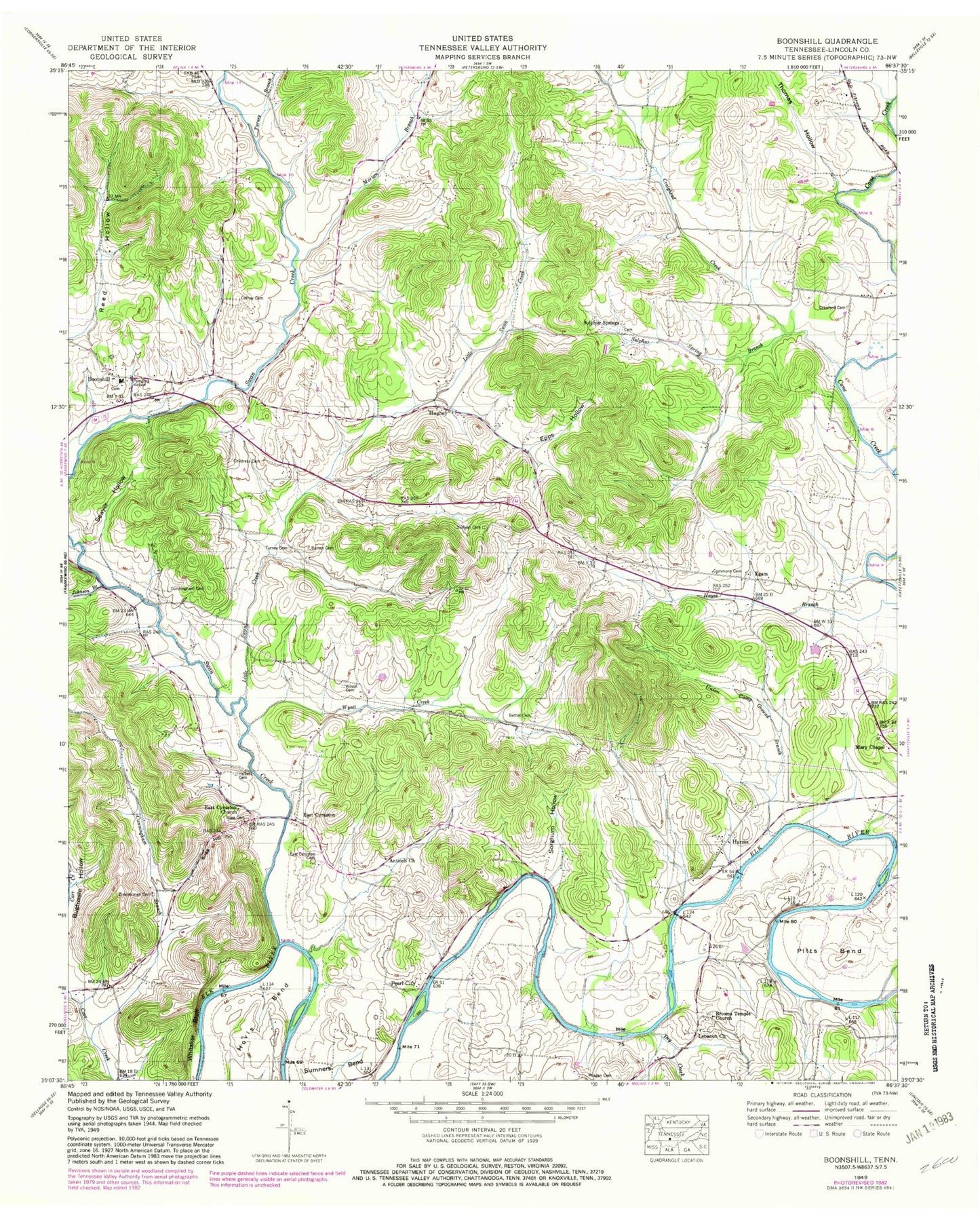 Classic USGS Boonshill Tennessee 7.5'x7.5' Topo Map Image