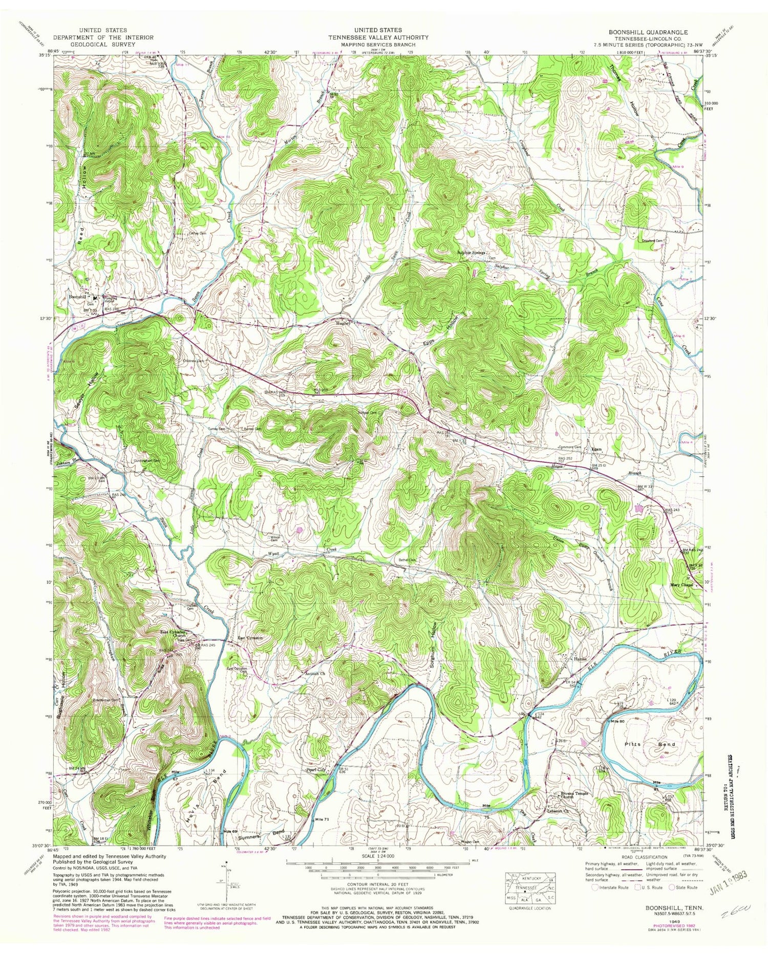 Classic USGS Boonshill Tennessee 7.5'x7.5' Topo Map Image