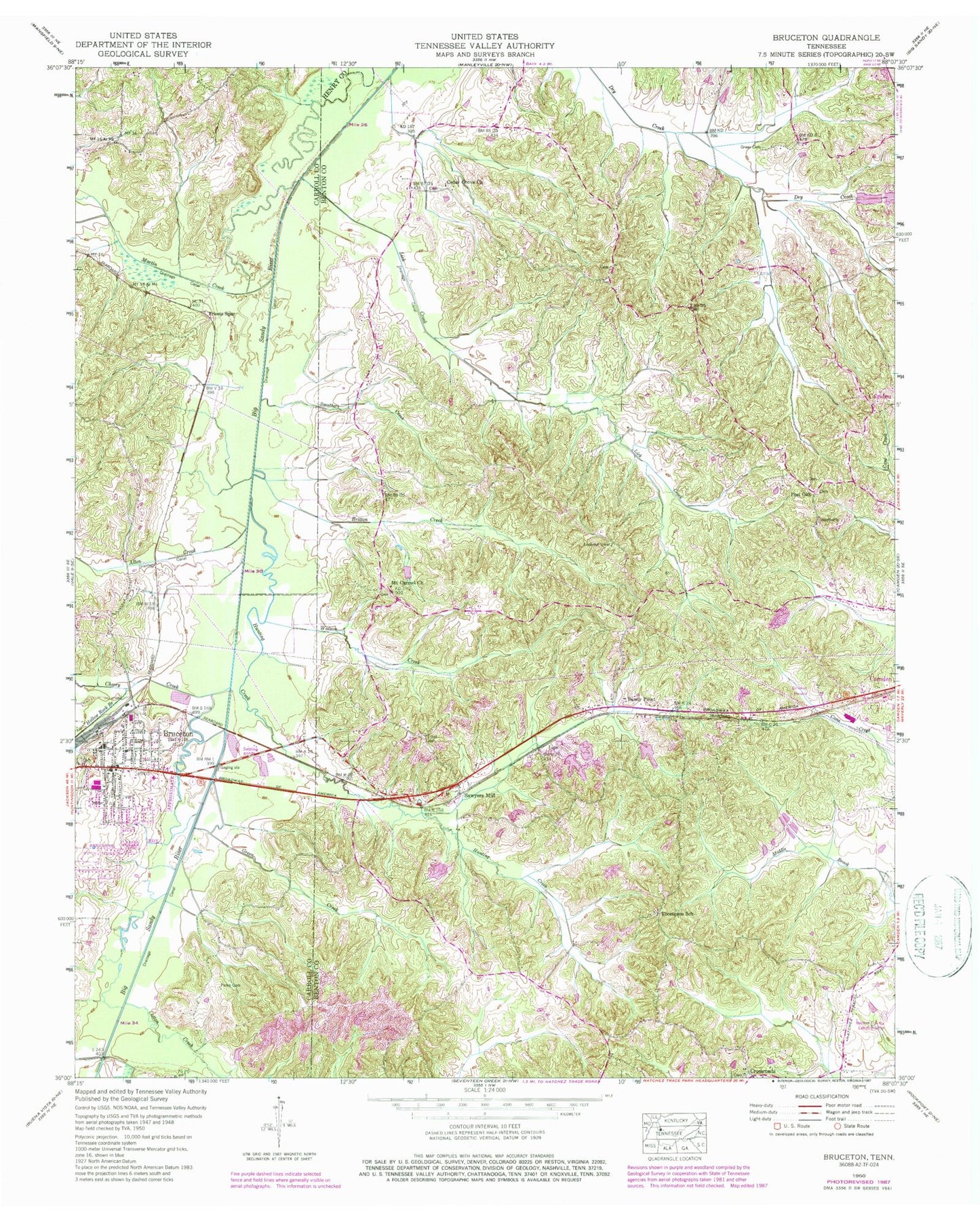 Classic USGS Bruceton Tennessee 7.5'x7.5' Topo Map Image
