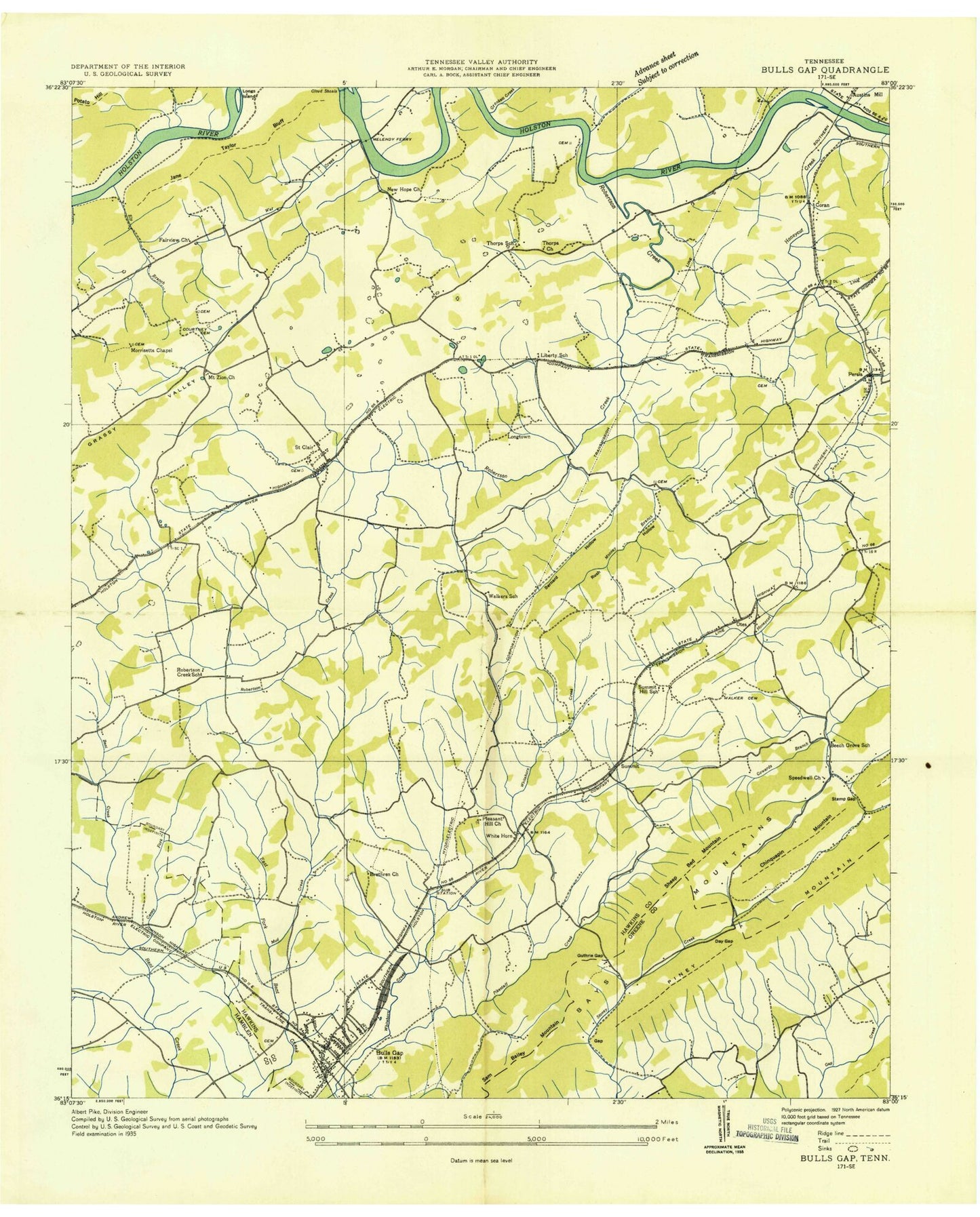Classic USGS Bulls Gap Tennessee 7.5'x7.5' Topo Map Image