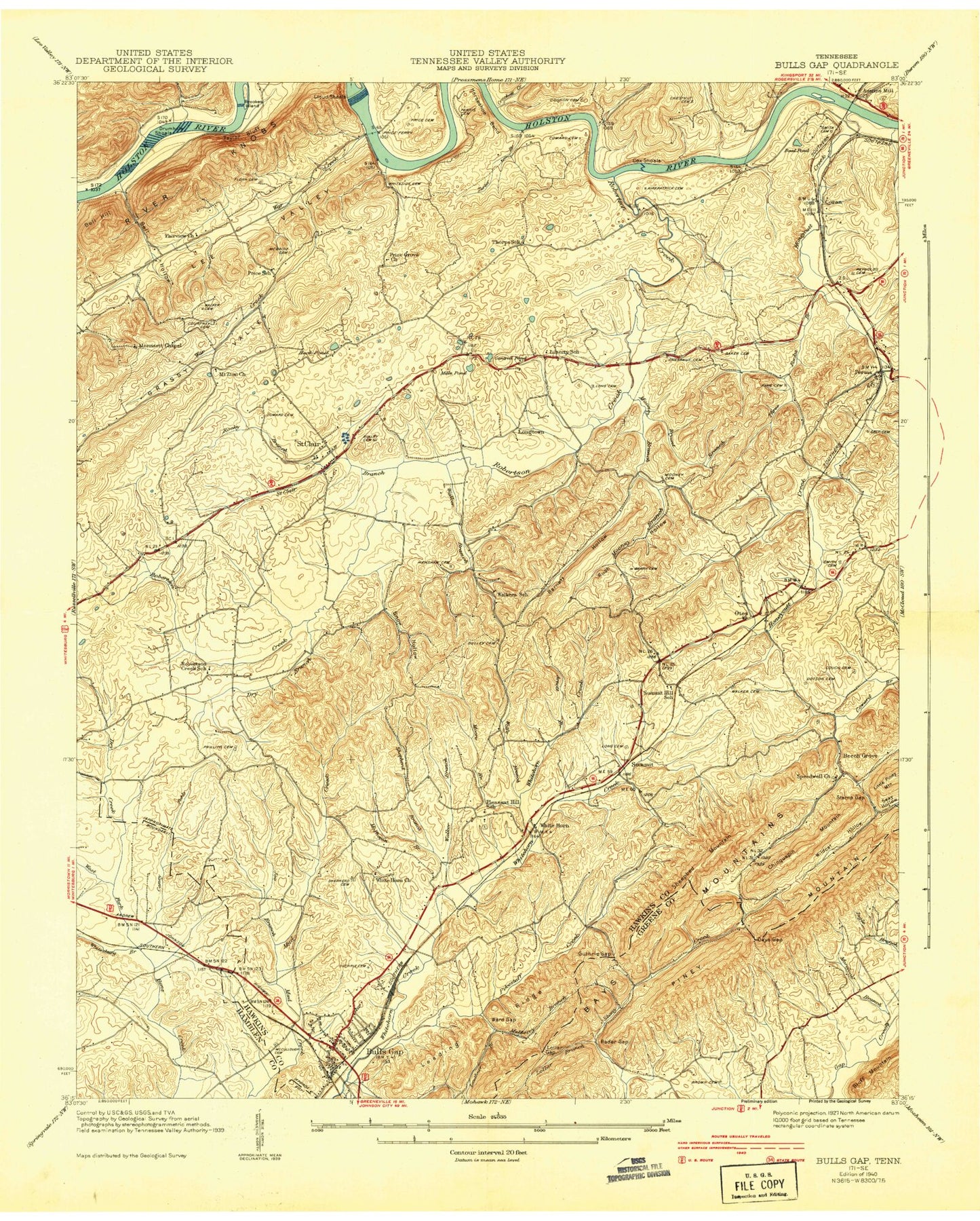 Classic USGS Bulls Gap Tennessee 7.5'x7.5' Topo Map Image