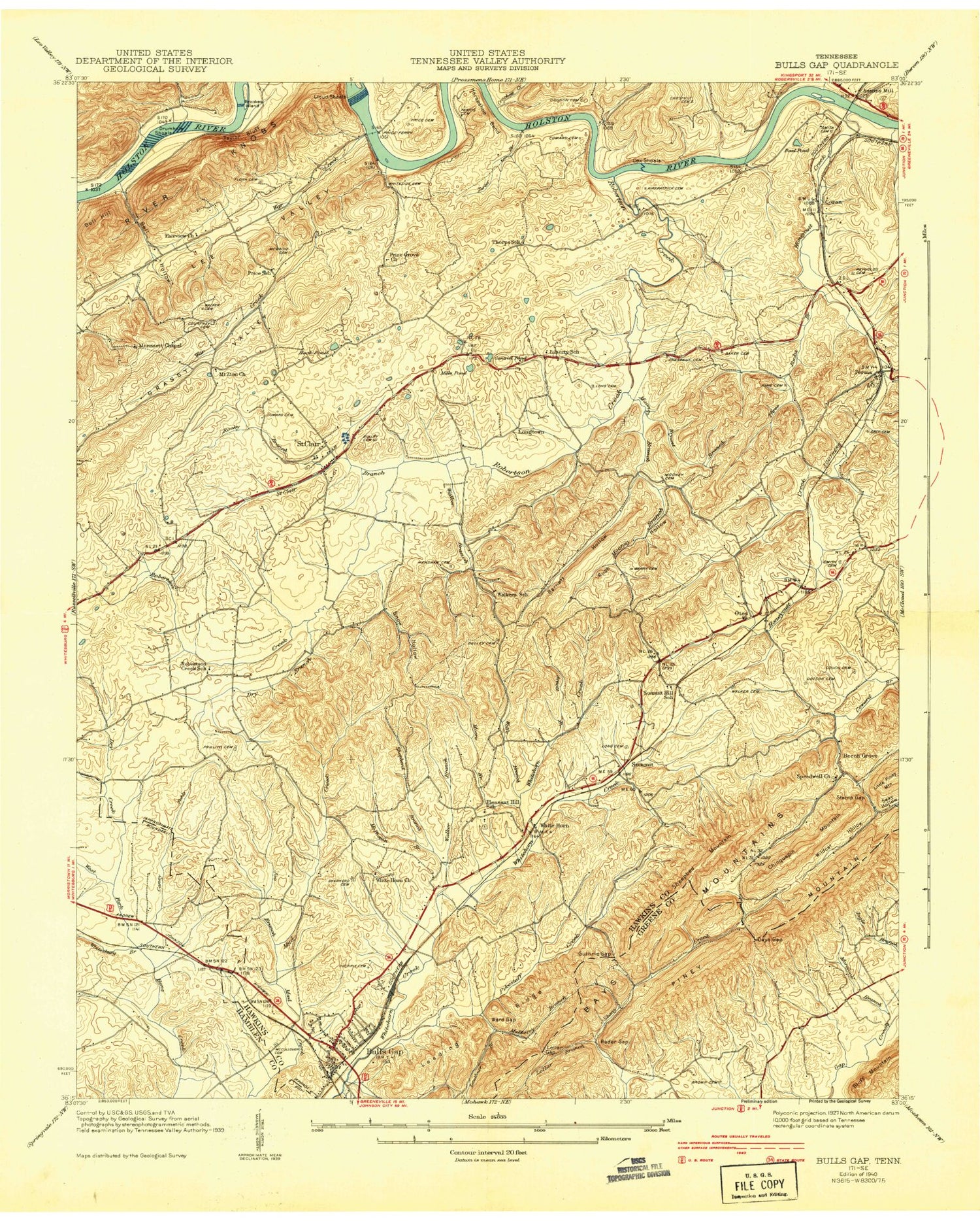 Classic USGS Bulls Gap Tennessee 7.5'x7.5' Topo Map Image