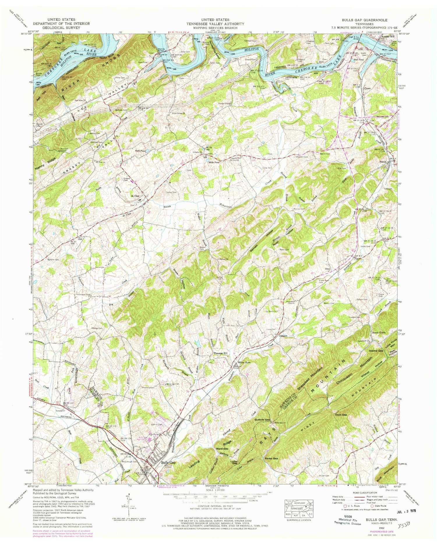 Classic USGS Bulls Gap Tennessee 7.5'x7.5' Topo Map Image