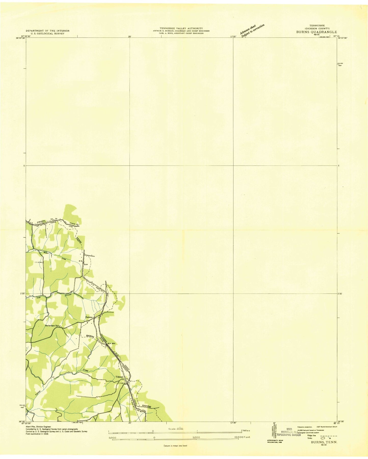 Classic USGS Burns Tennessee 7.5'x7.5' Topo Map Image