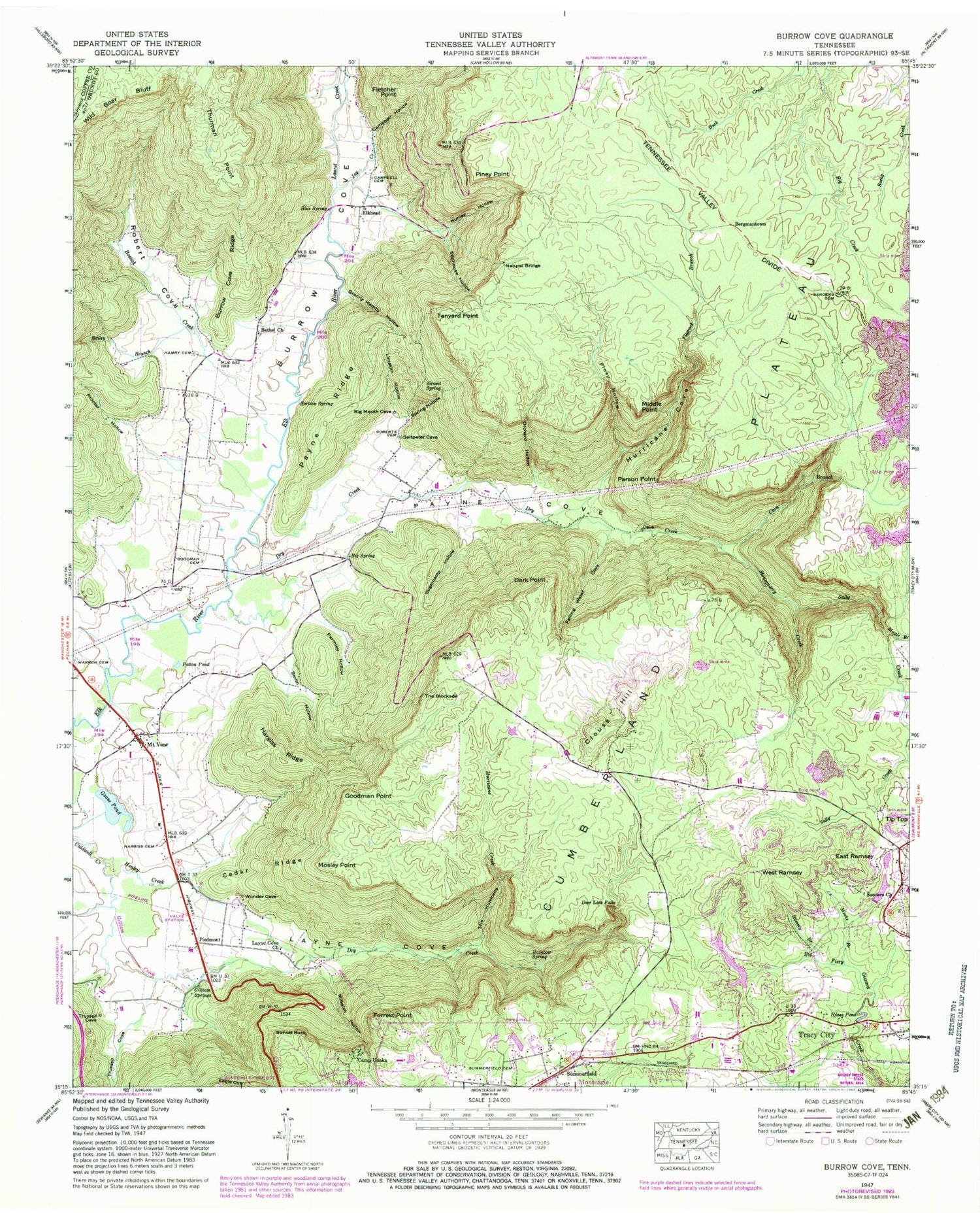 Classic USGS Burrow Cove Tennessee 7.5'x7.5' Topo Map Image