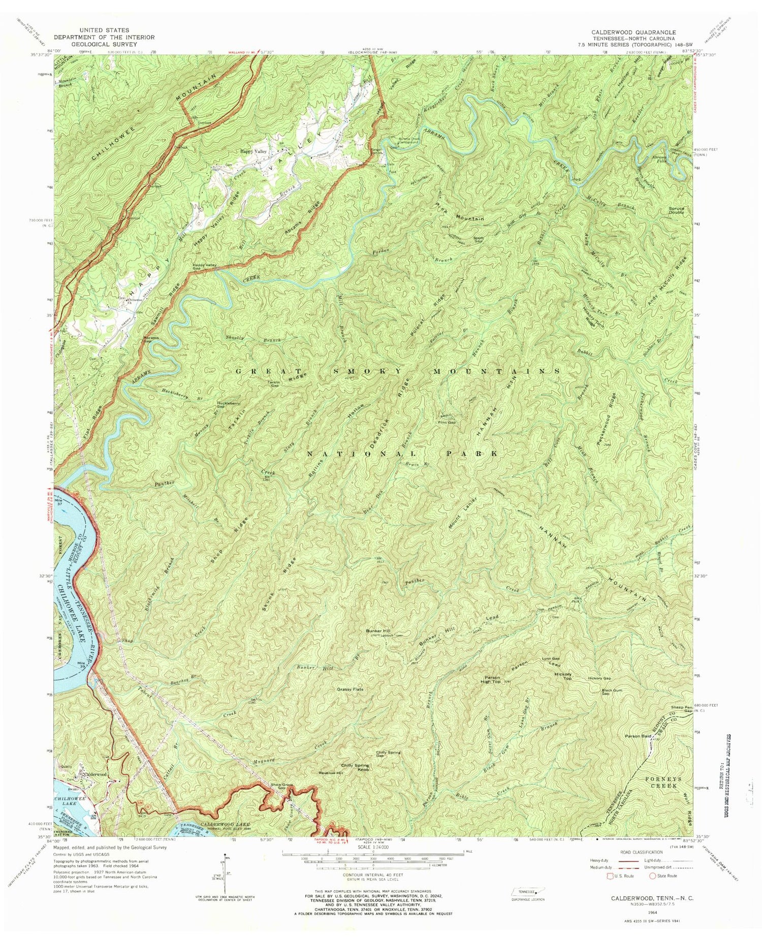 Classic USGS Calderwood Tennessee 7.5'x7.5' Topo Map Image