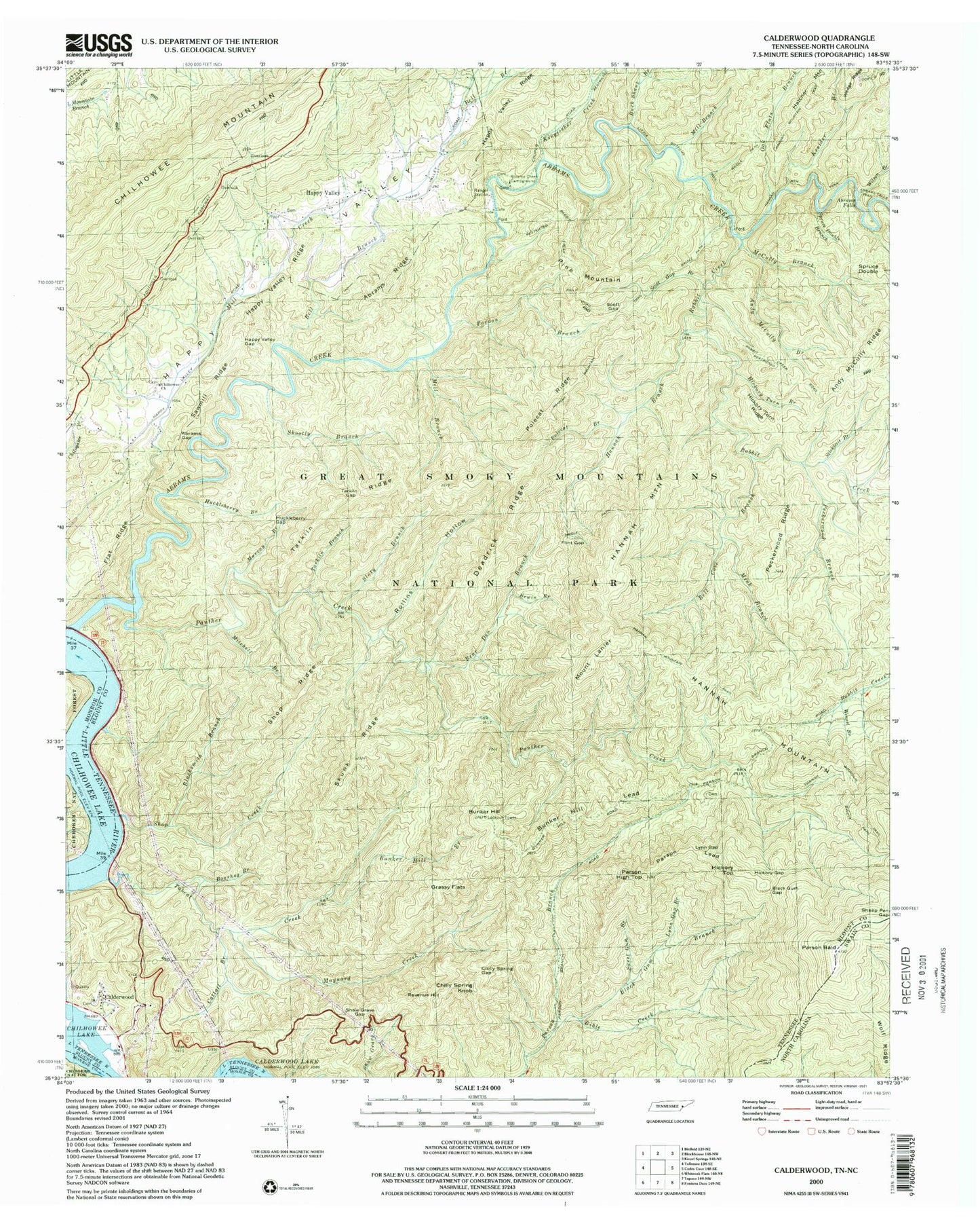 Classic USGS Calderwood Tennessee 7.5'x7.5' Topo Map Image