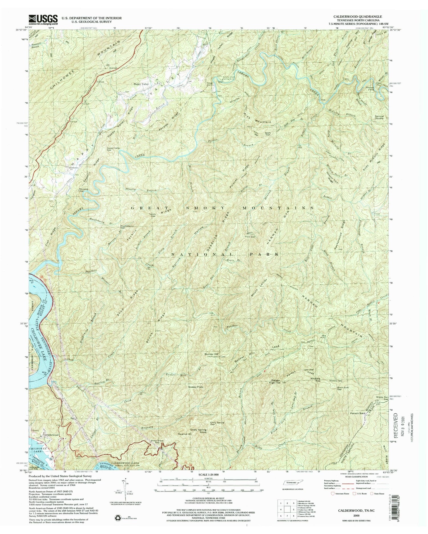 Classic USGS Calderwood Tennessee 7.5'x7.5' Topo Map Image
