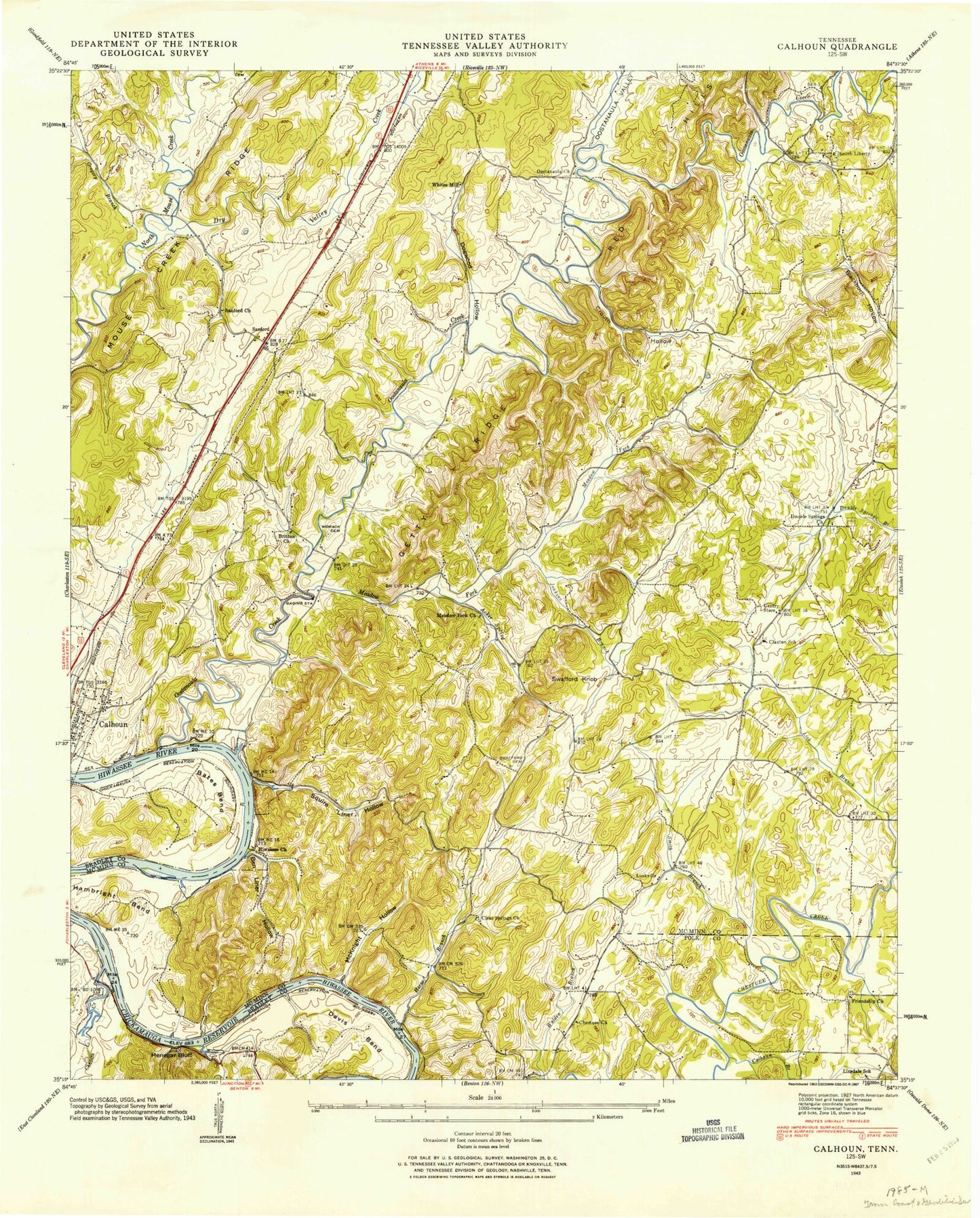 Classic USGS Calhoun Tennessee 7.5'x7.5' Topo Map Image
