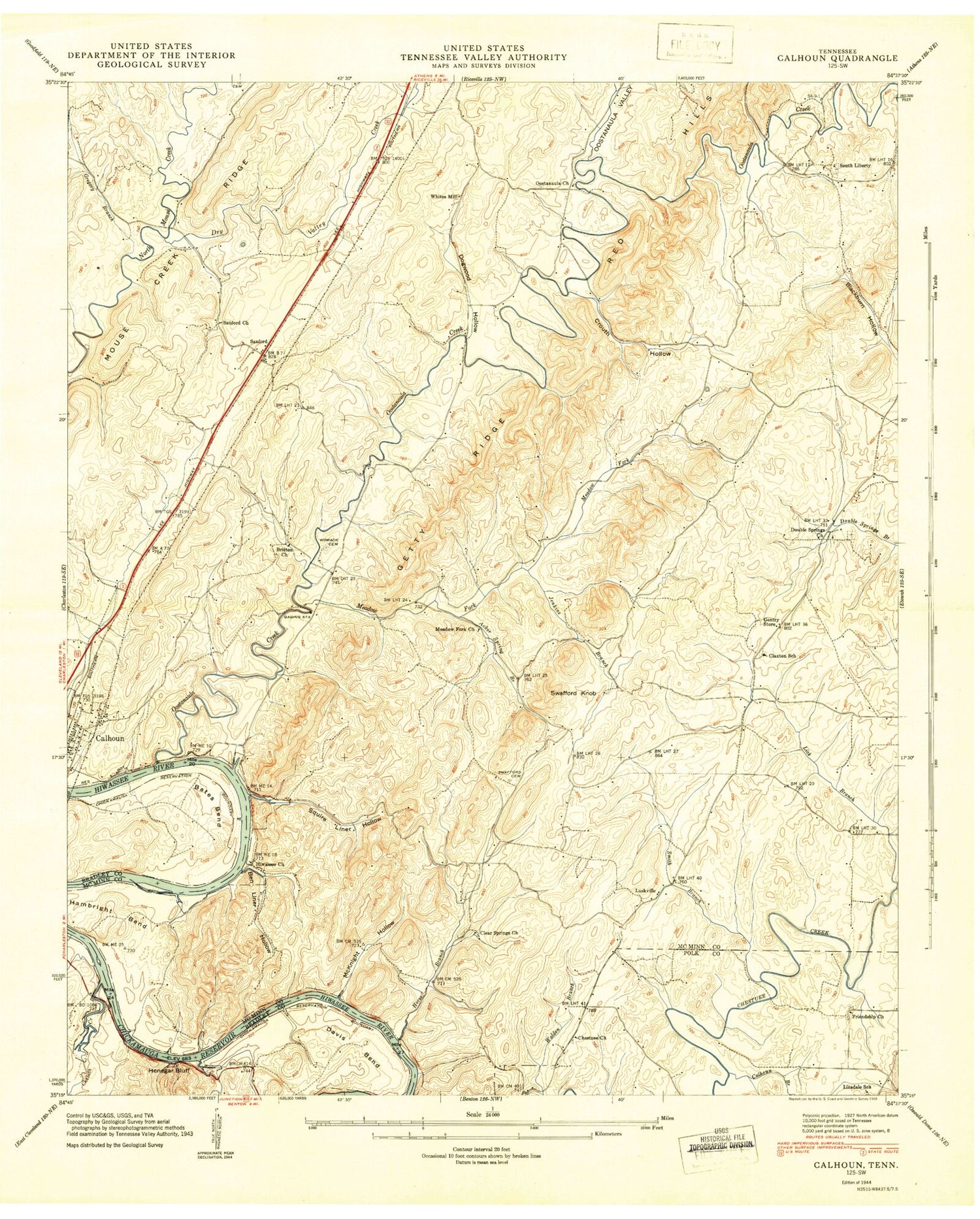 Classic USGS Calhoun Tennessee 7.5'x7.5' Topo Map Image