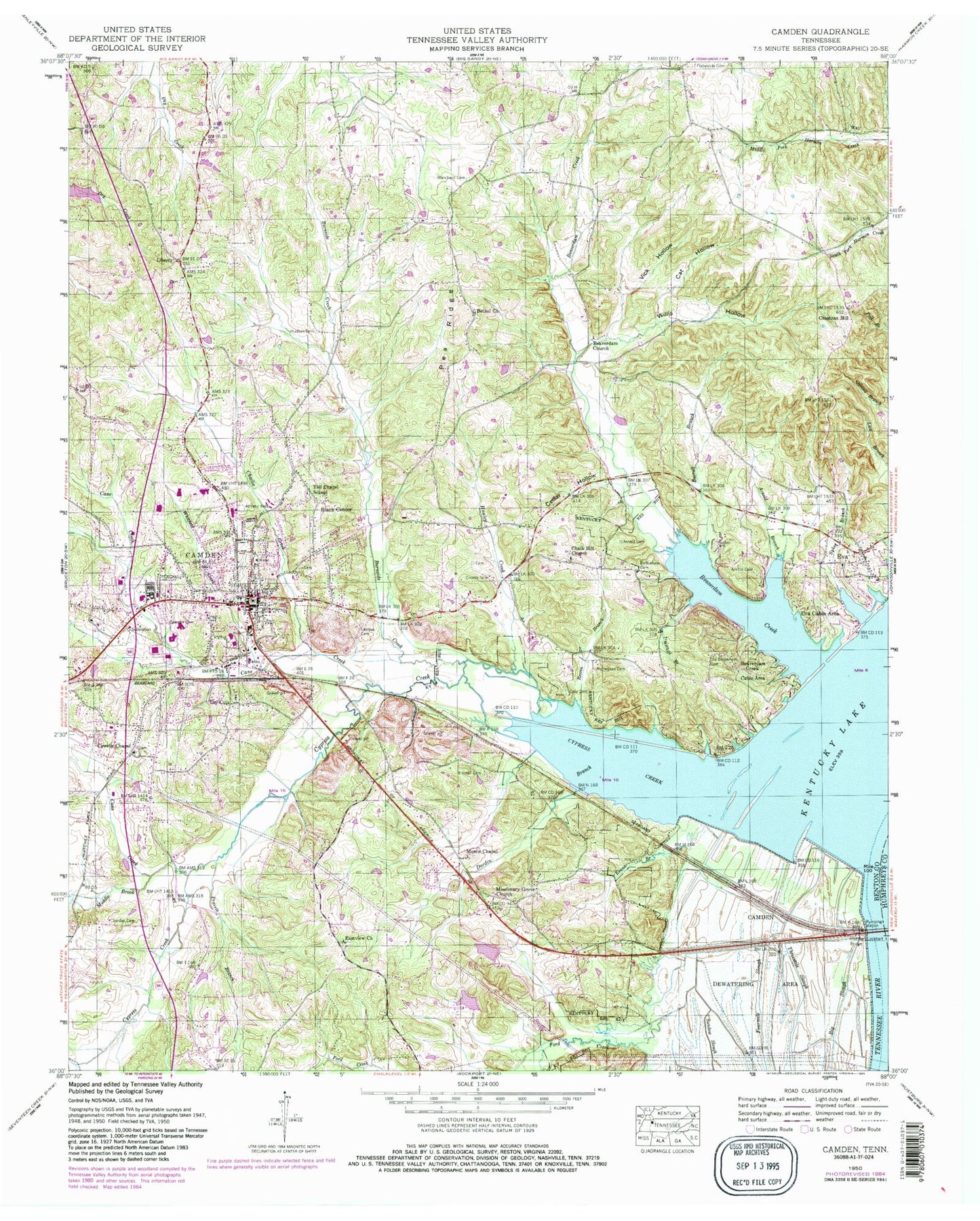 Classic USGS Camden Tennessee 7.5'x7.5' Topo Map Image
