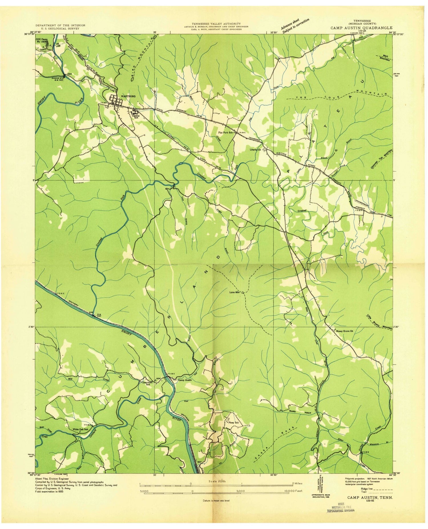 Classic USGS Camp Austin Tennessee 7.5'x7.5' Topo Map Image