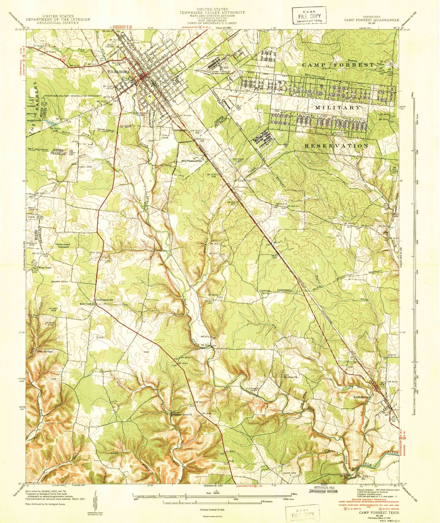 Classic USGS Tullahoma Tennessee 7.5'x7.5' Topo Map Image