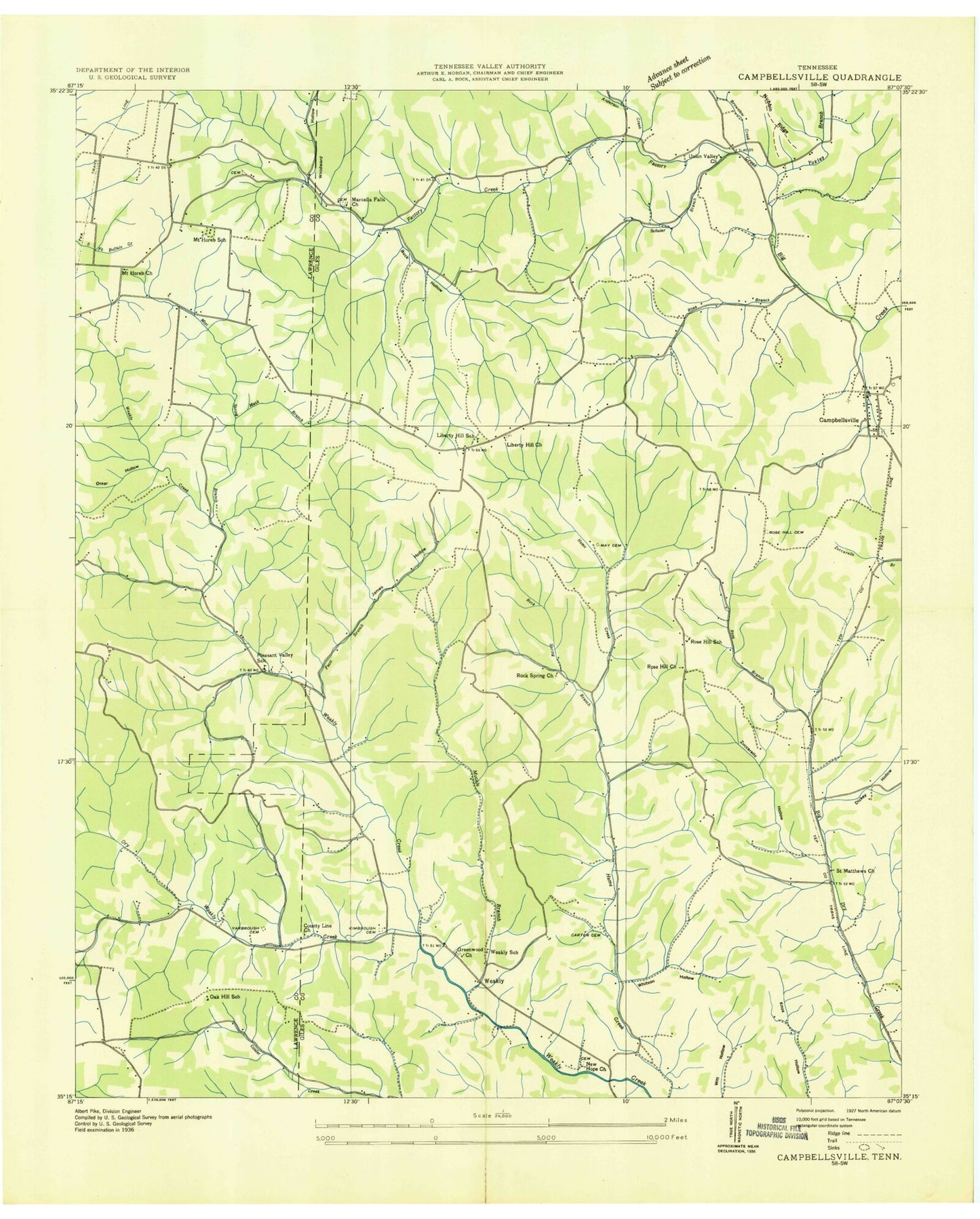 Classic USGS Campbellsville Tennessee 7.5'x7.5' Topo Map Image