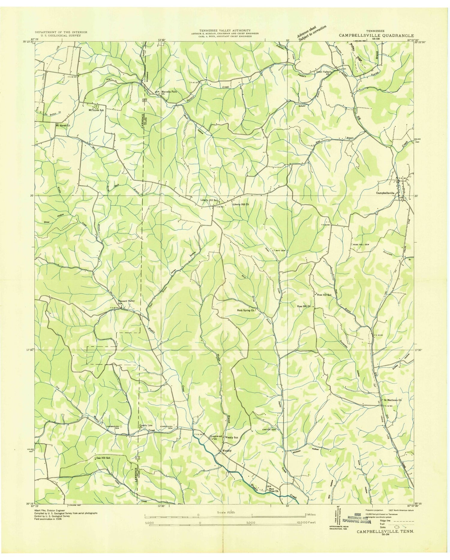 Classic USGS Campbellsville Tennessee 7.5'x7.5' Topo Map Image