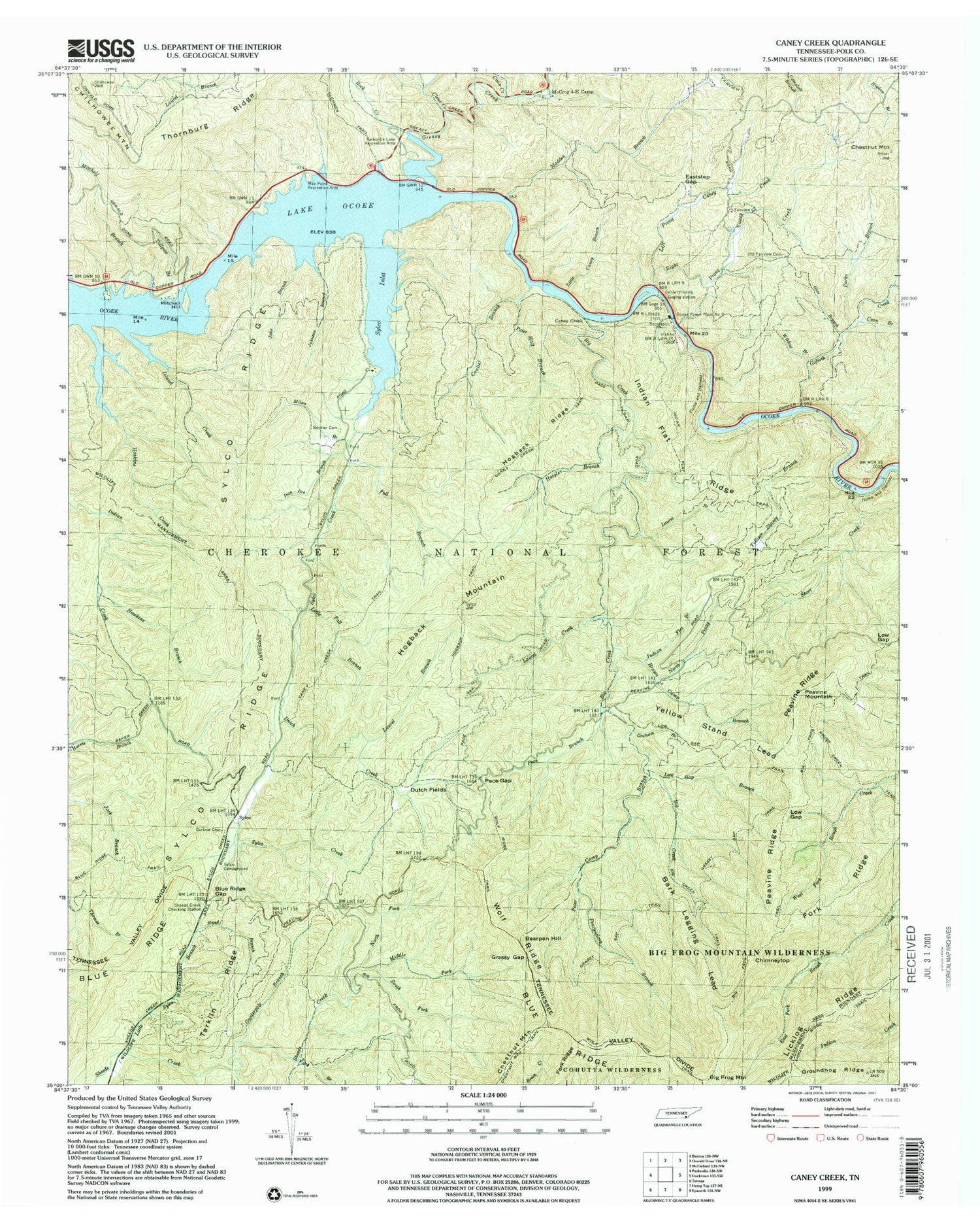 Classic USGS Caney Creek Tennessee 7.5'x7.5' Topo Map Image