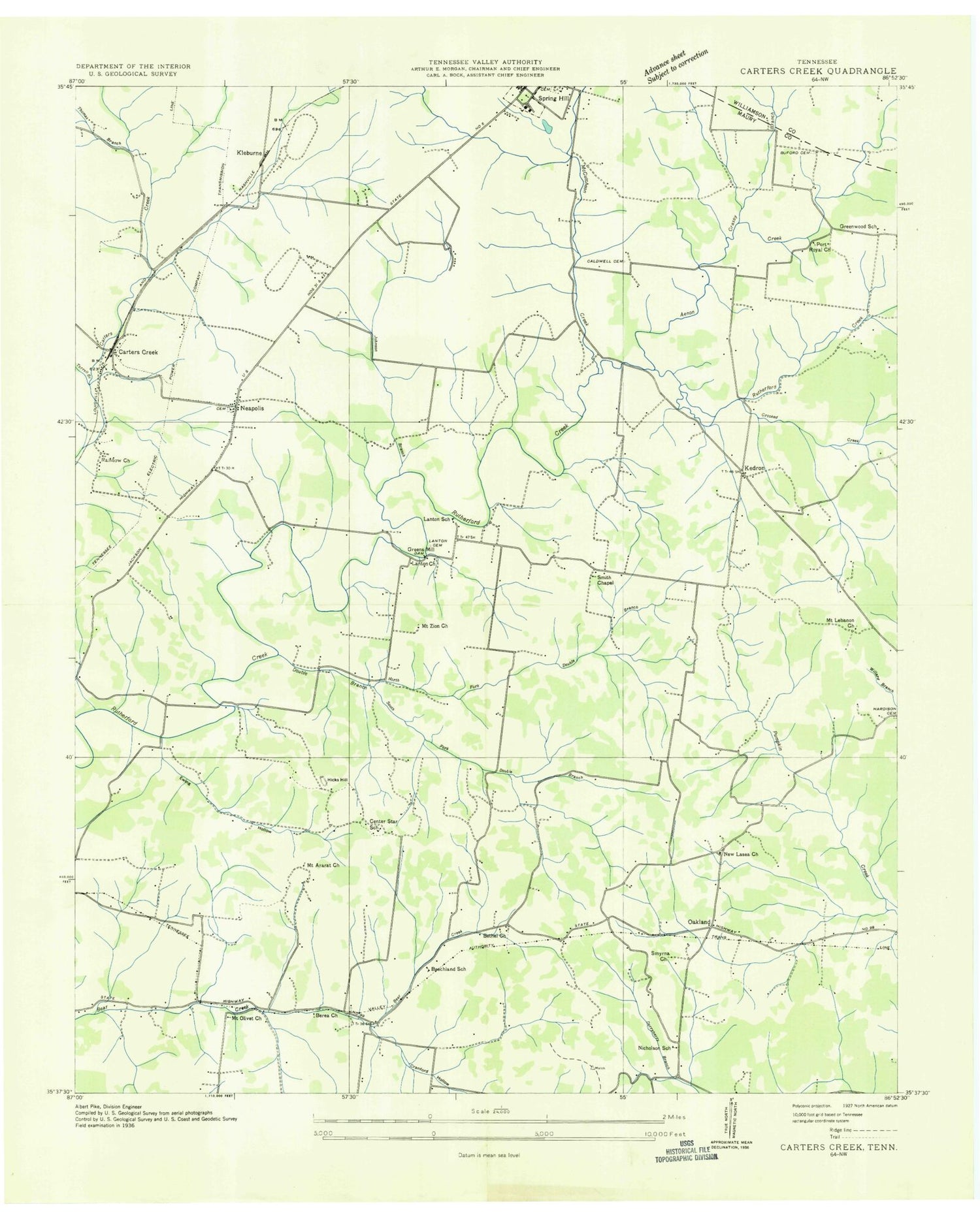 Classic USGS Carters Creek Tennessee 7.5'x7.5' Topo Map Image