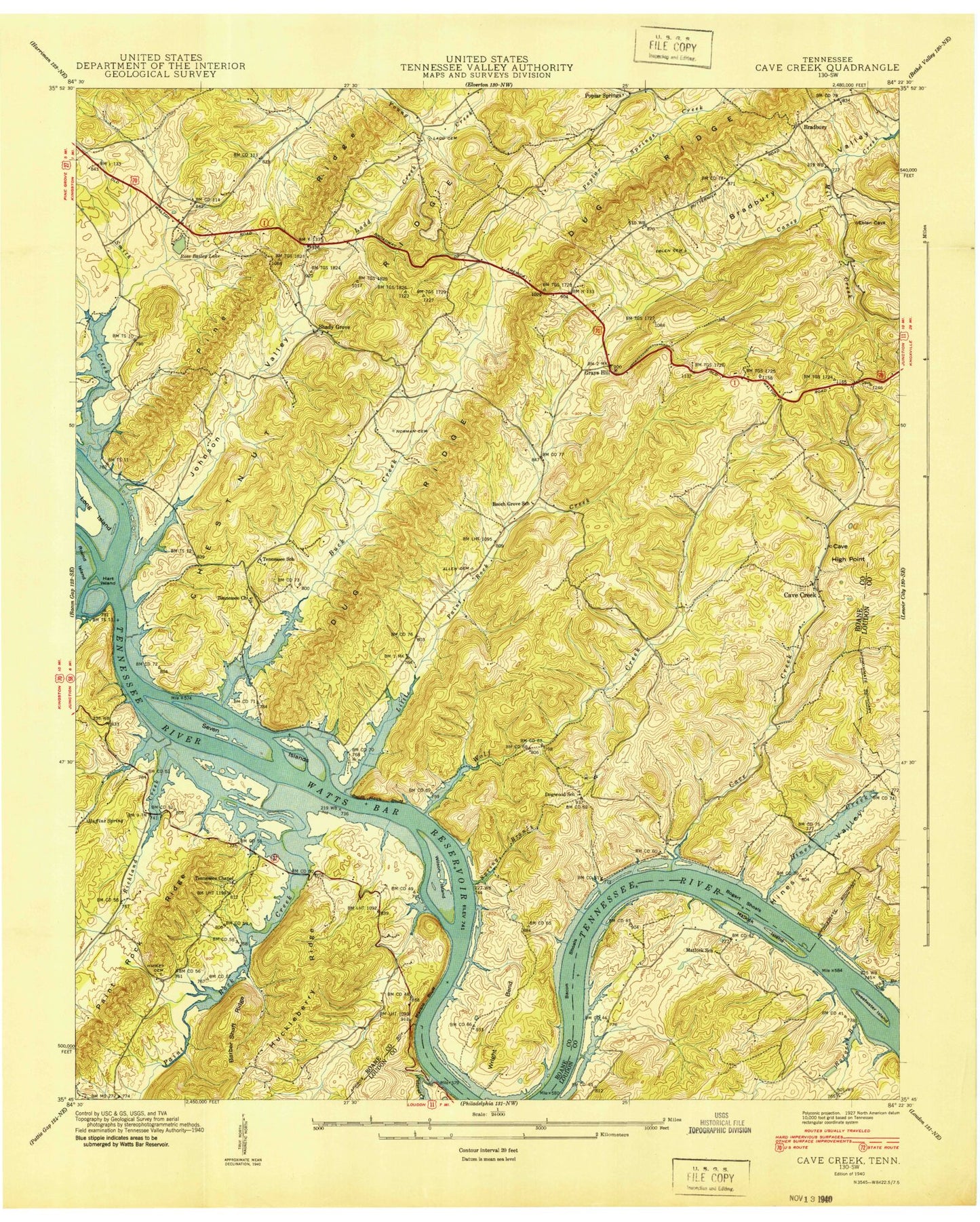Classic USGS Cave Creek Tennessee 7.5'x7.5' Topo Map Image