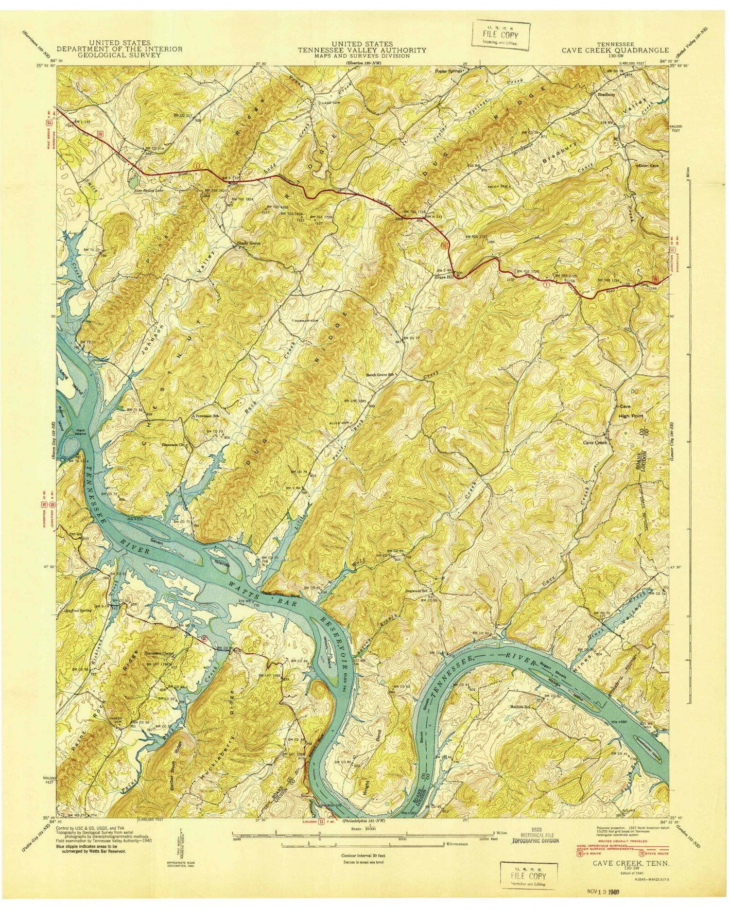 Classic USGS Cave Creek Tennessee 7.5'x7.5' Topo Map Image