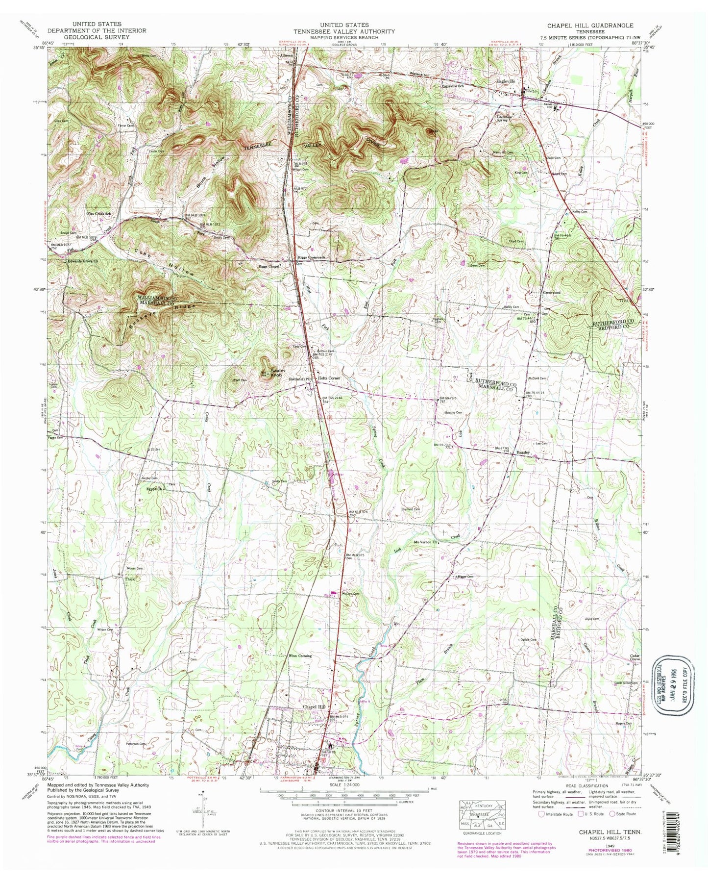 Classic USGS Chapel Hill Tennessee 7.5'x7.5' Topo Map Image