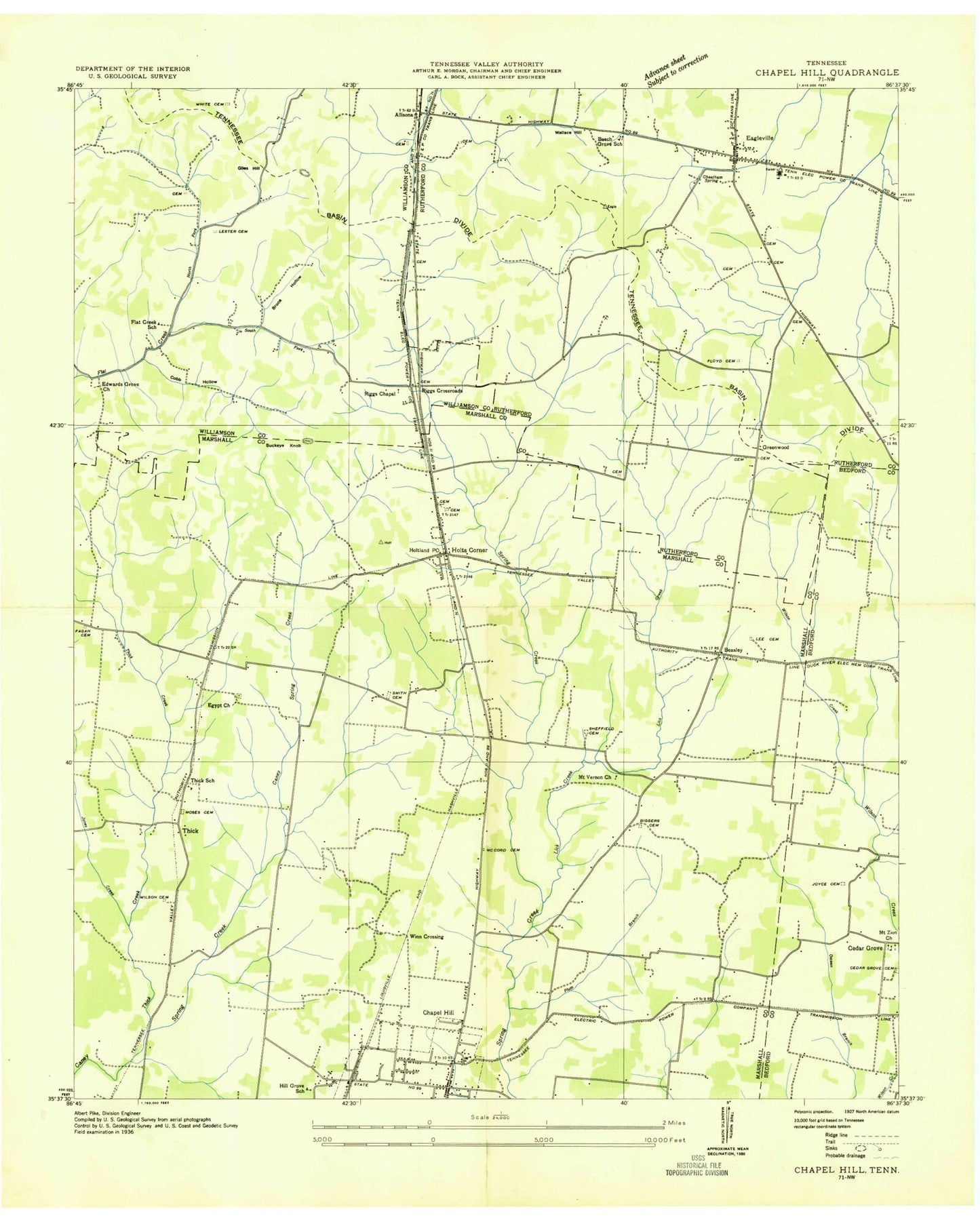 Classic USGS Chapel Hill Tennessee 7.5'x7.5' Topo Map Image