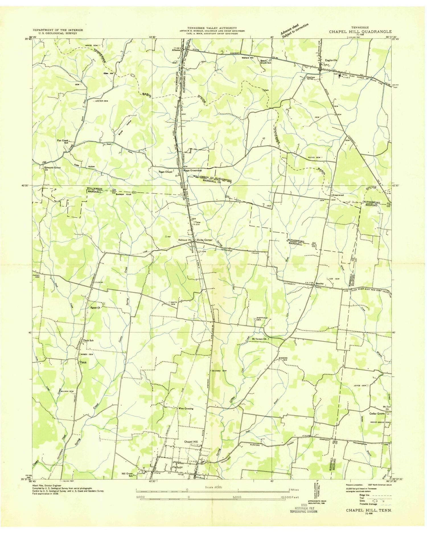 Classic USGS Chapel Hill Tennessee 7.5'x7.5' Topo Map Image
