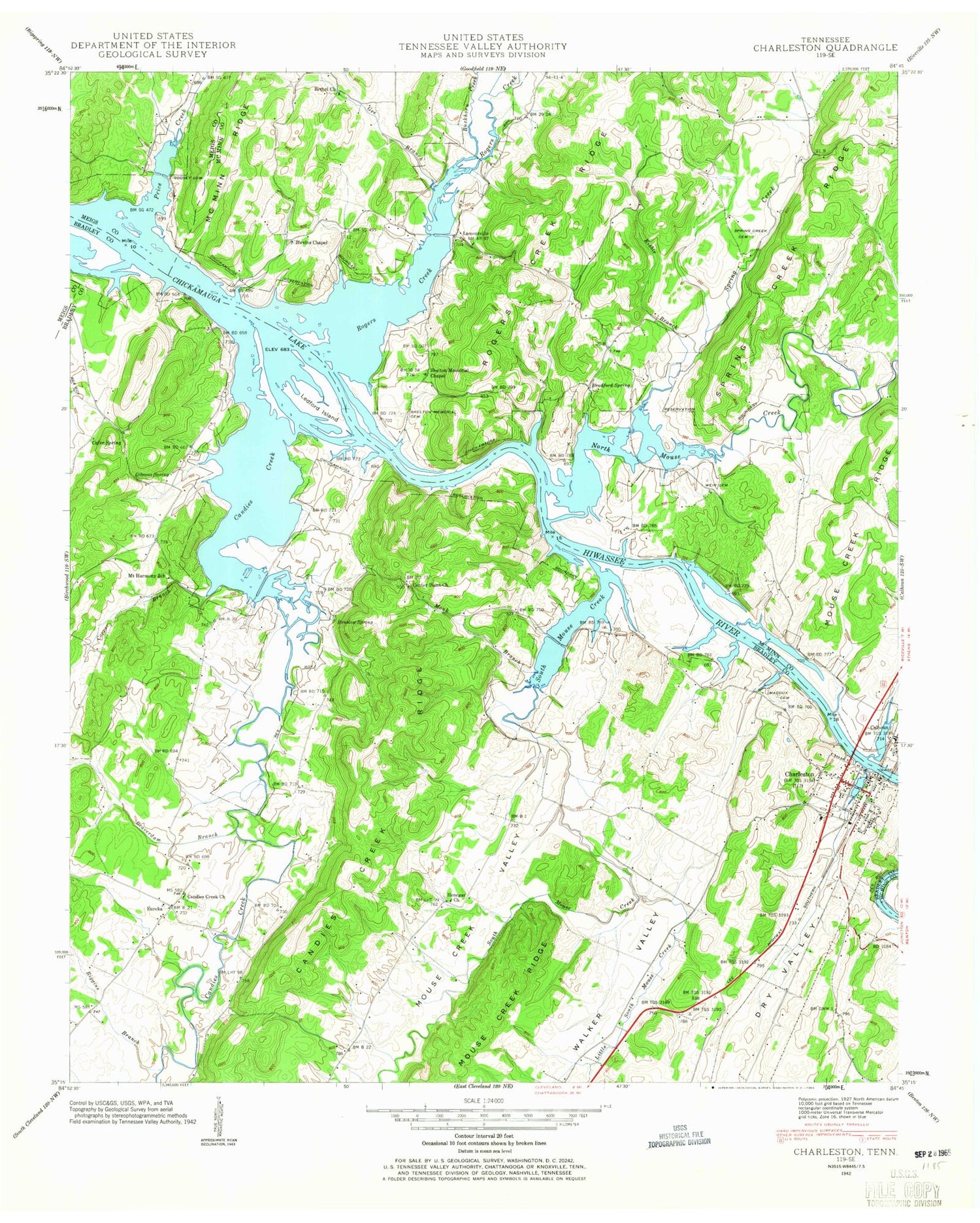 Classic USGS Charleston Tennessee 7.5'x7.5' Topo Map Image