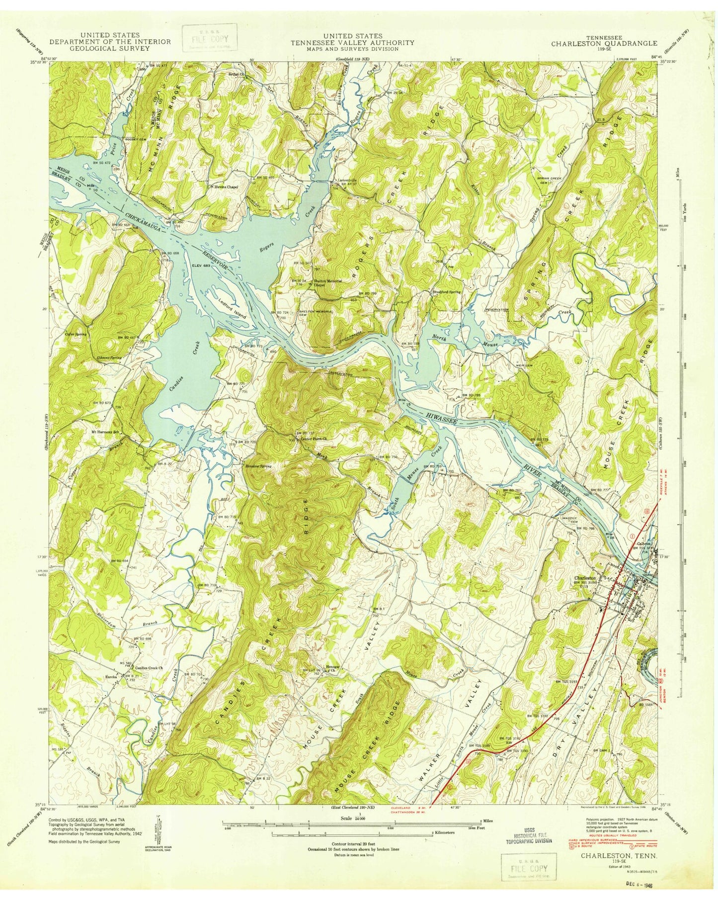 Classic USGS Charleston Tennessee 7.5'x7.5' Topo Map Image