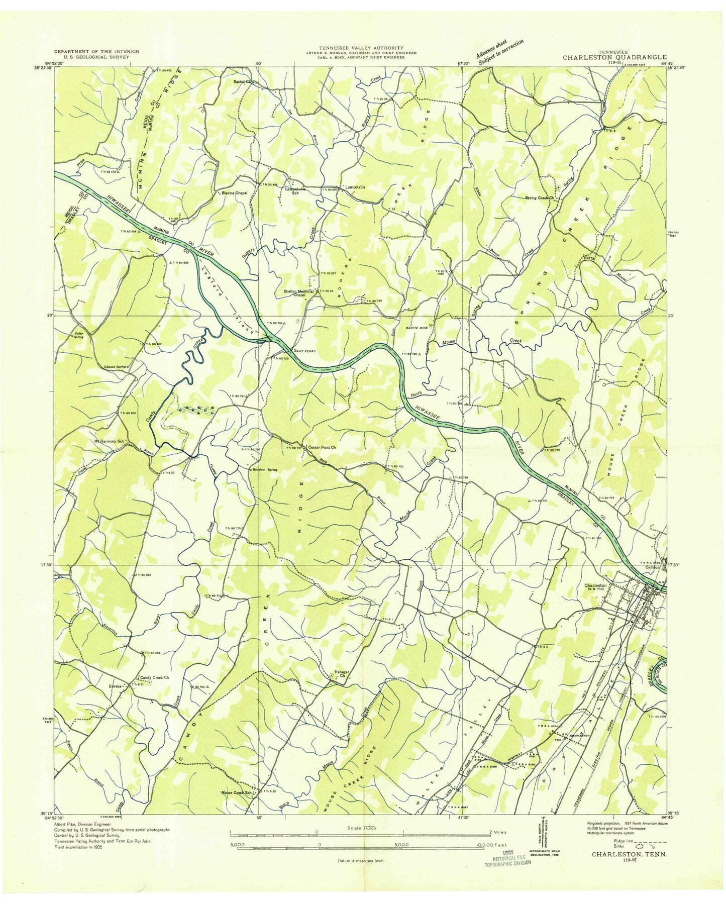 Classic USGS Charleston Tennessee 7.5'x7.5' Topo Map Image