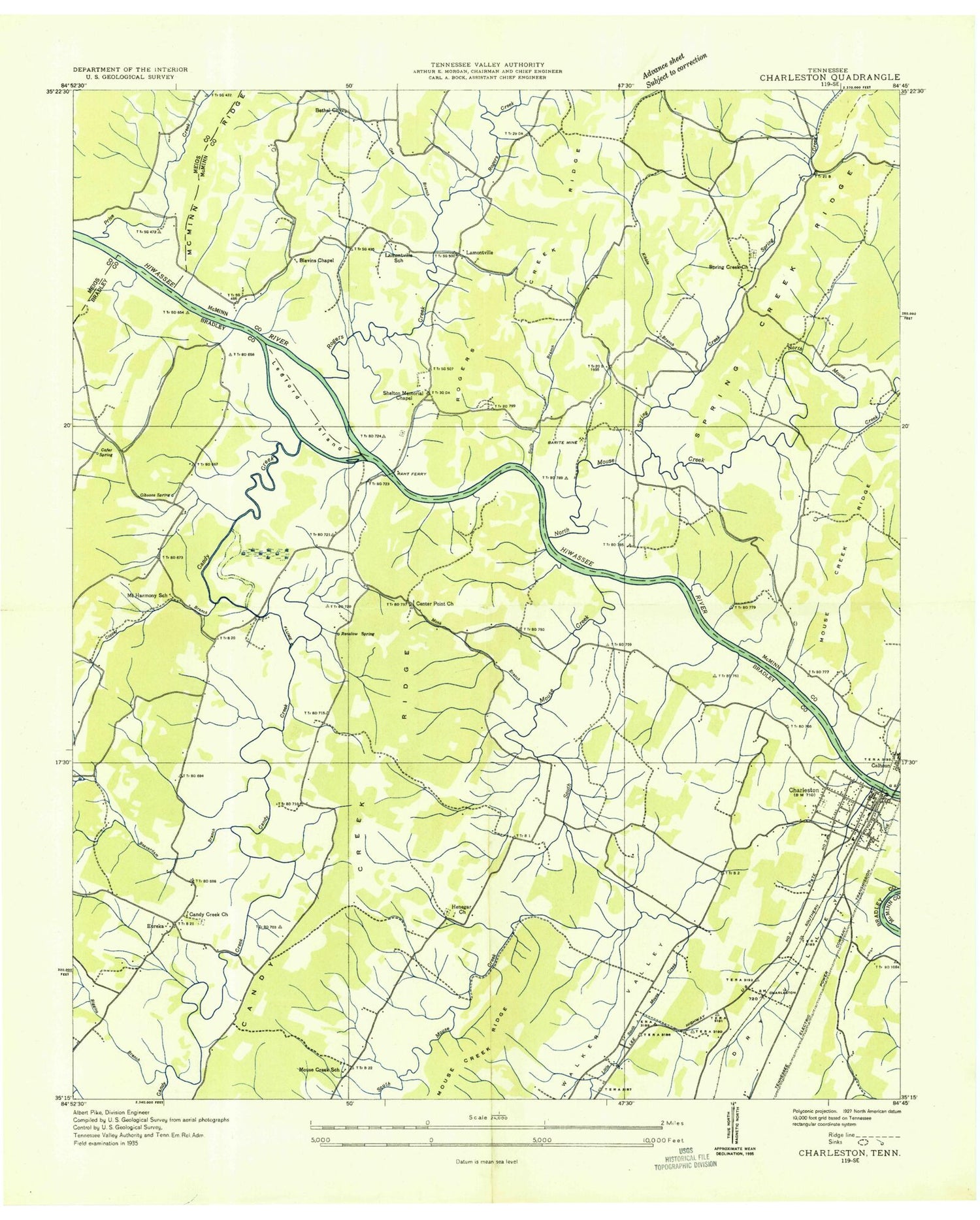 Classic USGS Charleston Tennessee 7.5'x7.5' Topo Map Image