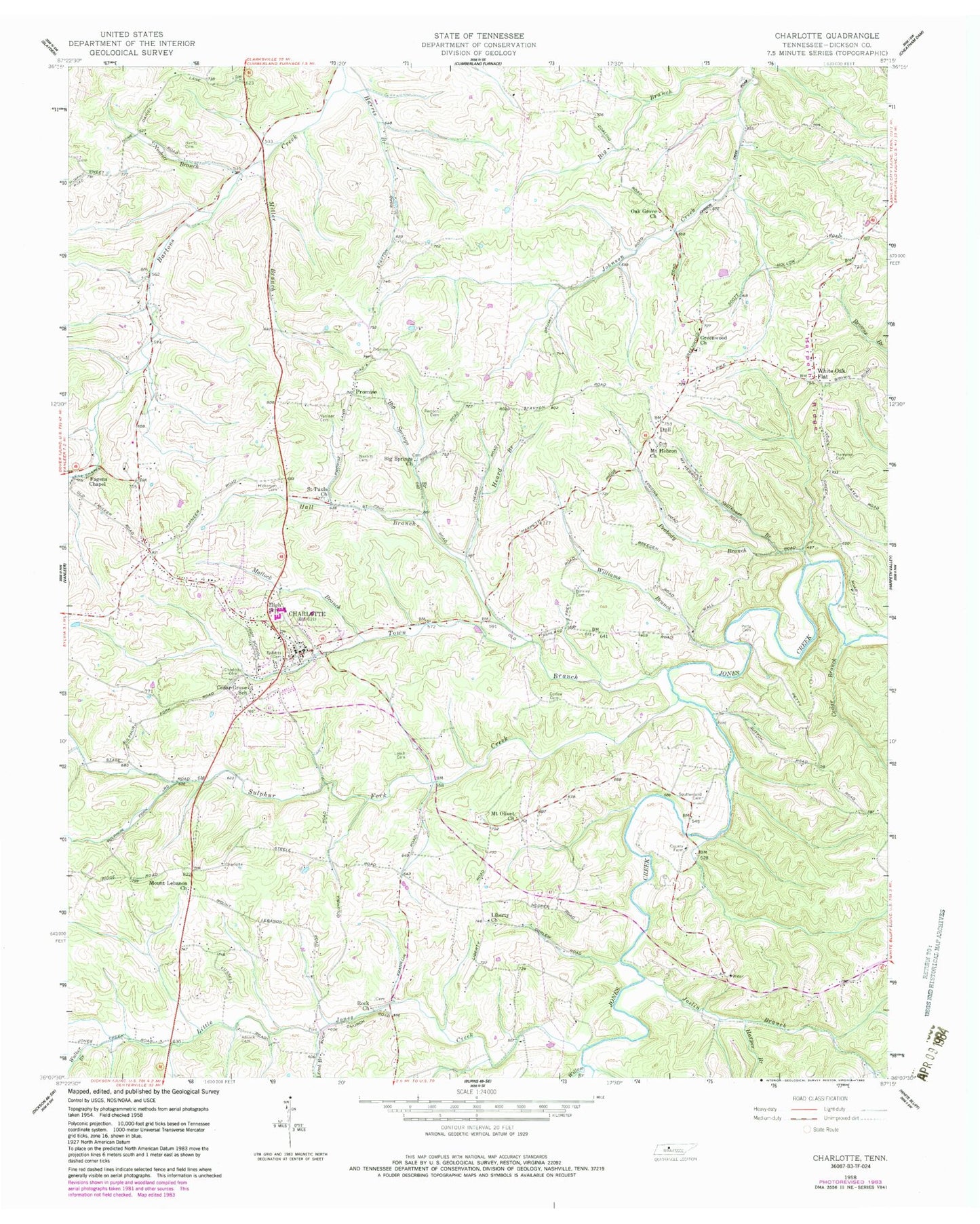 Classic USGS Charlotte Tennessee 7.5'x7.5' Topo Map Image