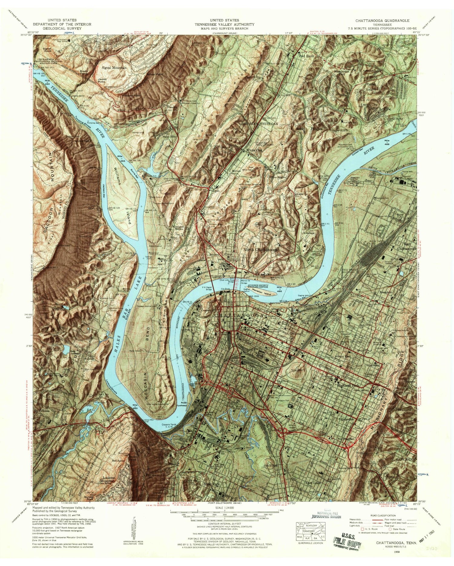 Classic USGS Chattanooga Tennessee 7.5'x7.5' Topo Map Image