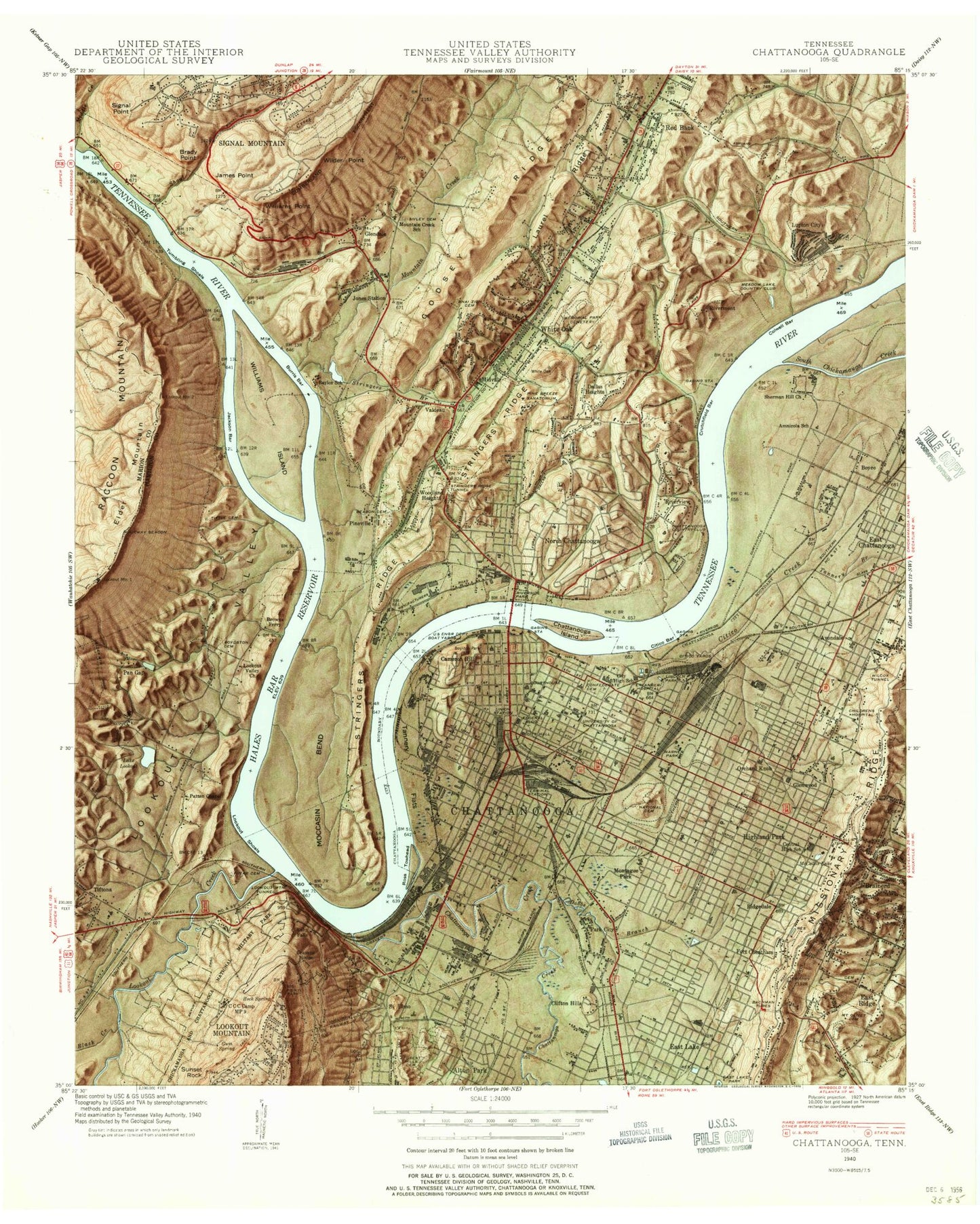 Classic USGS Chattanooga Tennessee 7.5'x7.5' Topo Map Image
