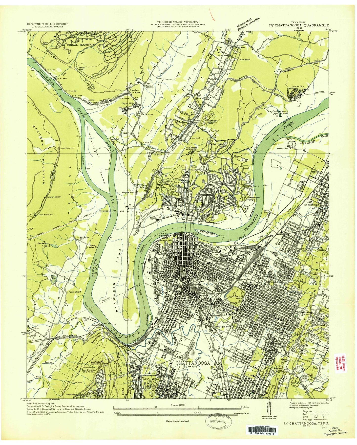 Classic USGS Chattanooga Tennessee 7.5'x7.5' Topo Map Image