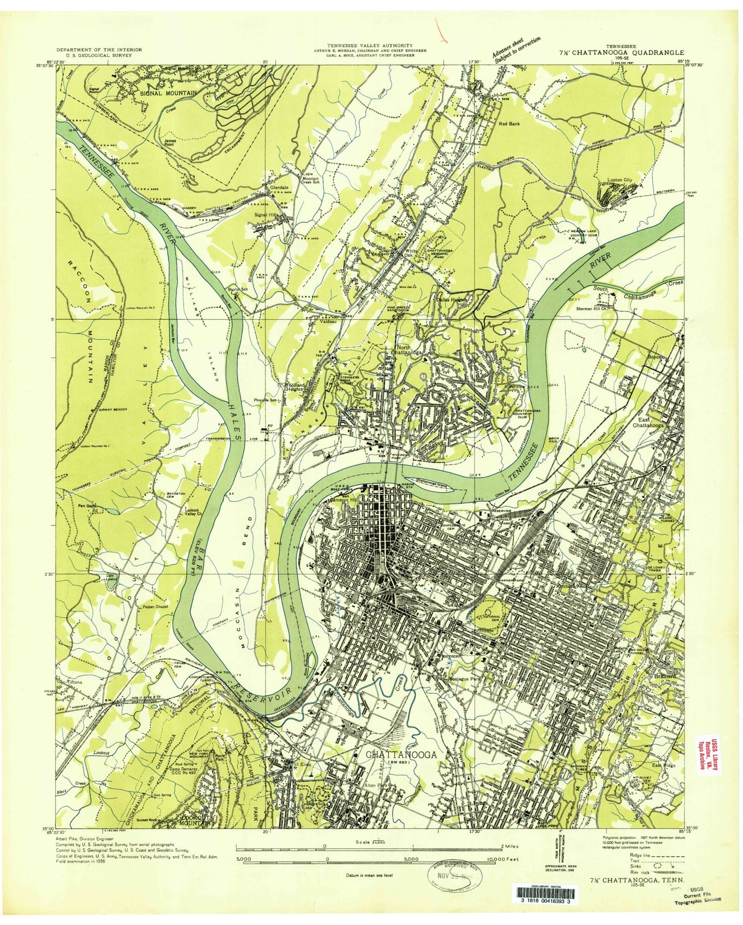 Classic USGS Chattanooga Tennessee 7.5'x7.5' Topo Map Image